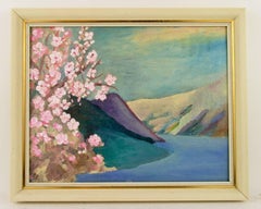 Vintage Japanese Cherry Blossoms River View Landscape