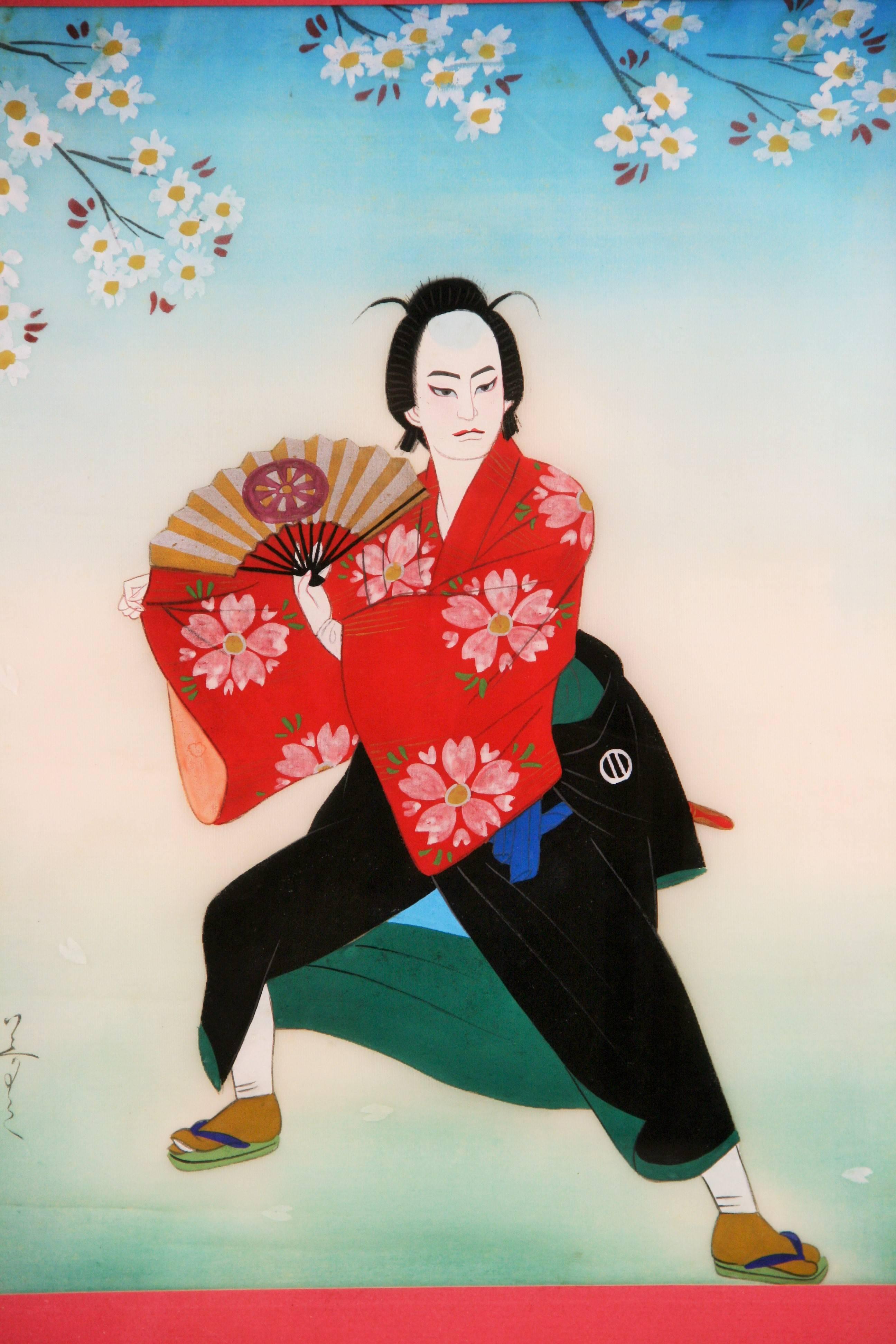 4084 Danseur japonais vintage
 Peinture sur soie  dans un passe-partout rouge et présenté dans un cadre en bois doré sous verre.