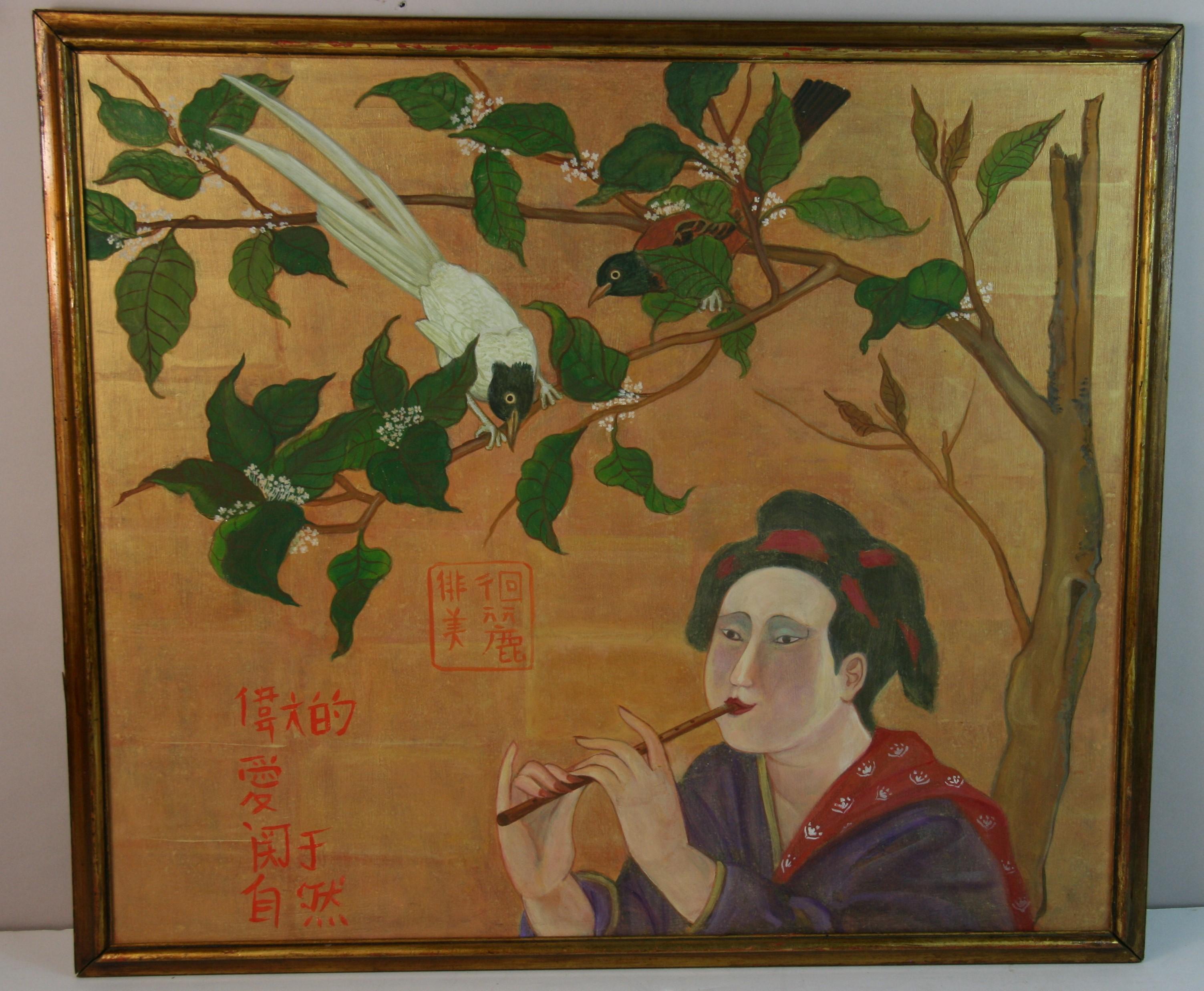 Mujer japonesa  Flautista con pájaros - Painting de Unknown