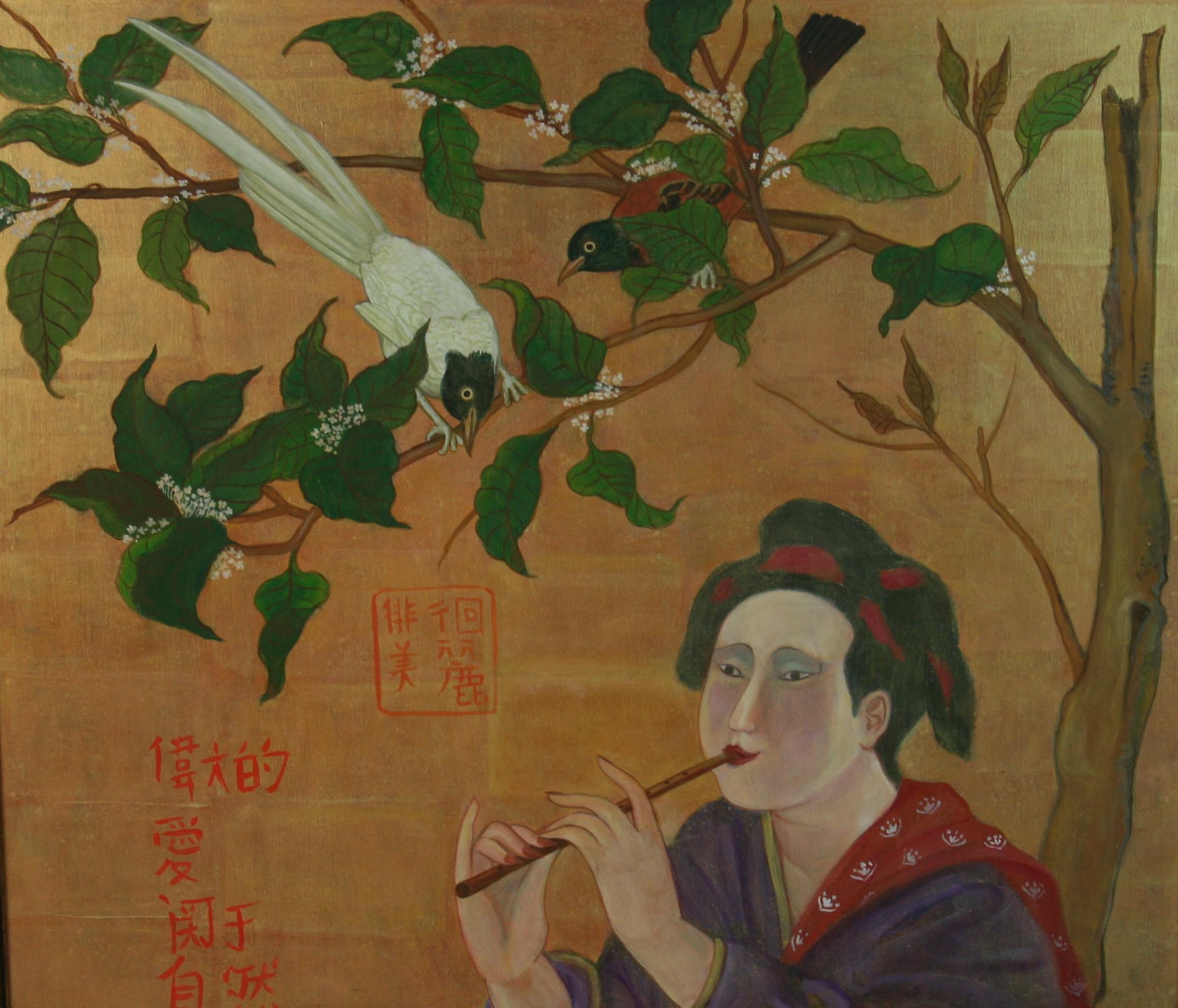 Mujer japonesa  Flautista con pájaros - Figurative Painting Marrón de Unknown