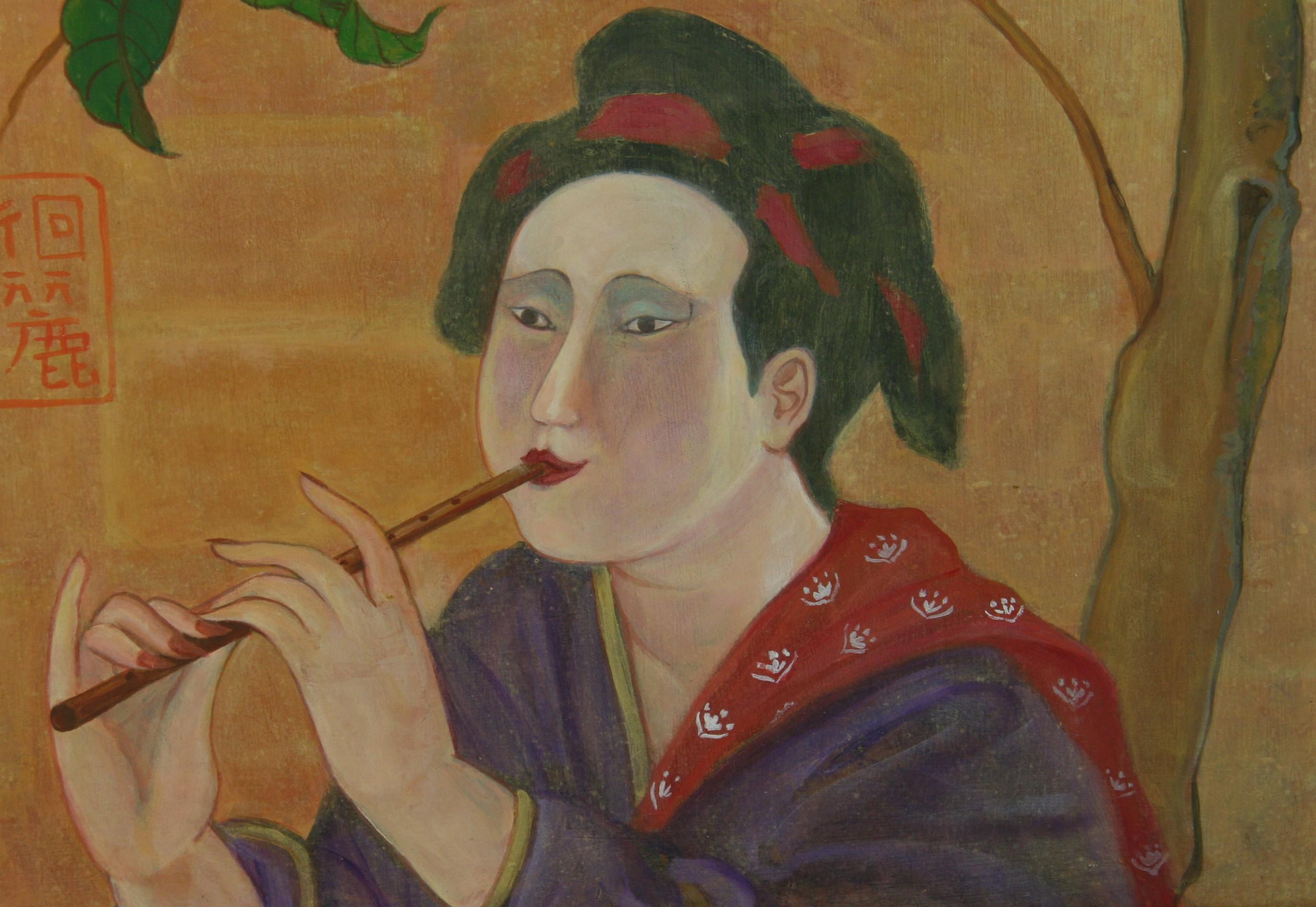 6044 Flautista japonés con pájaro blanco. Marco dorado
Tamaño de la imagen 21,5x25,5