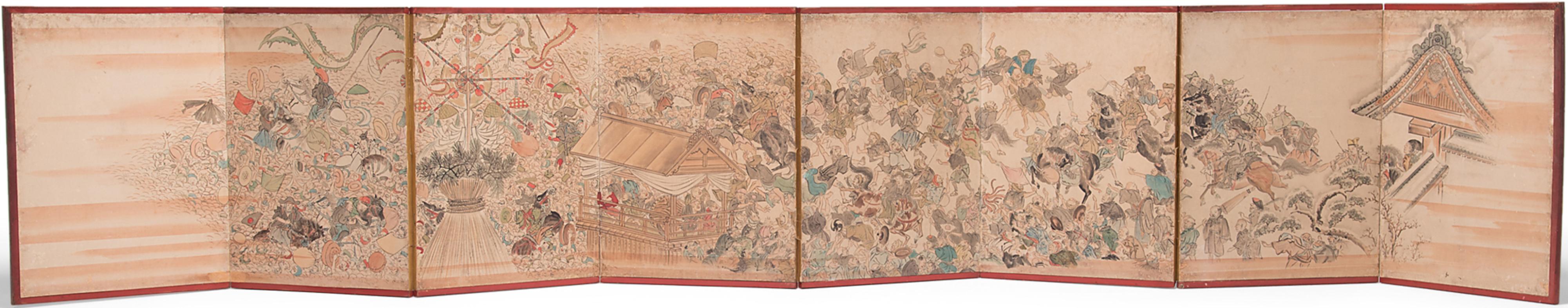 Unknown Landscape Painting - Japanese Festival Folding Screen, Paint on Paper, c. 1750