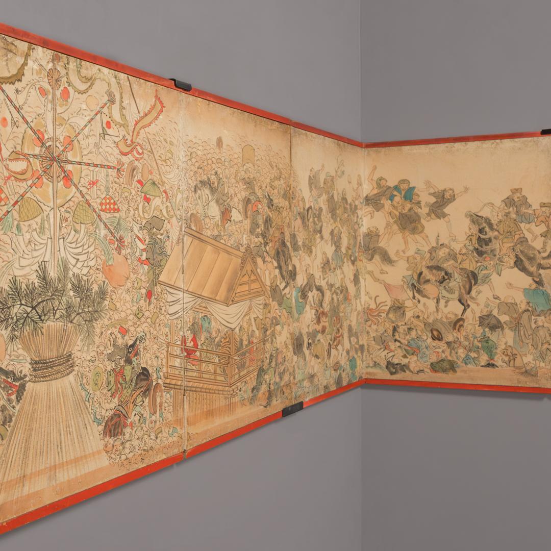 Japanese Festival Folding Screen, Paint on Paper, c. 1750 - Edo Painting by Unknown