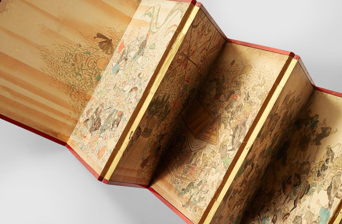 Japanese Festival Folding Screen, Paint on Paper, c. 1750 For Sale 3