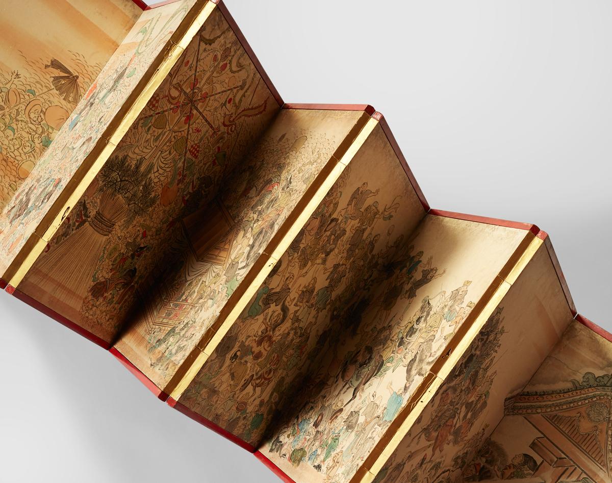 Japanese Festival Folding Screen, Paint on Paper, c. 1750 For Sale 4