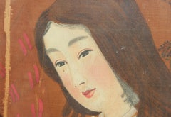 Geisha giapponese o Miko in kimono con ventaglio dipinto su seta