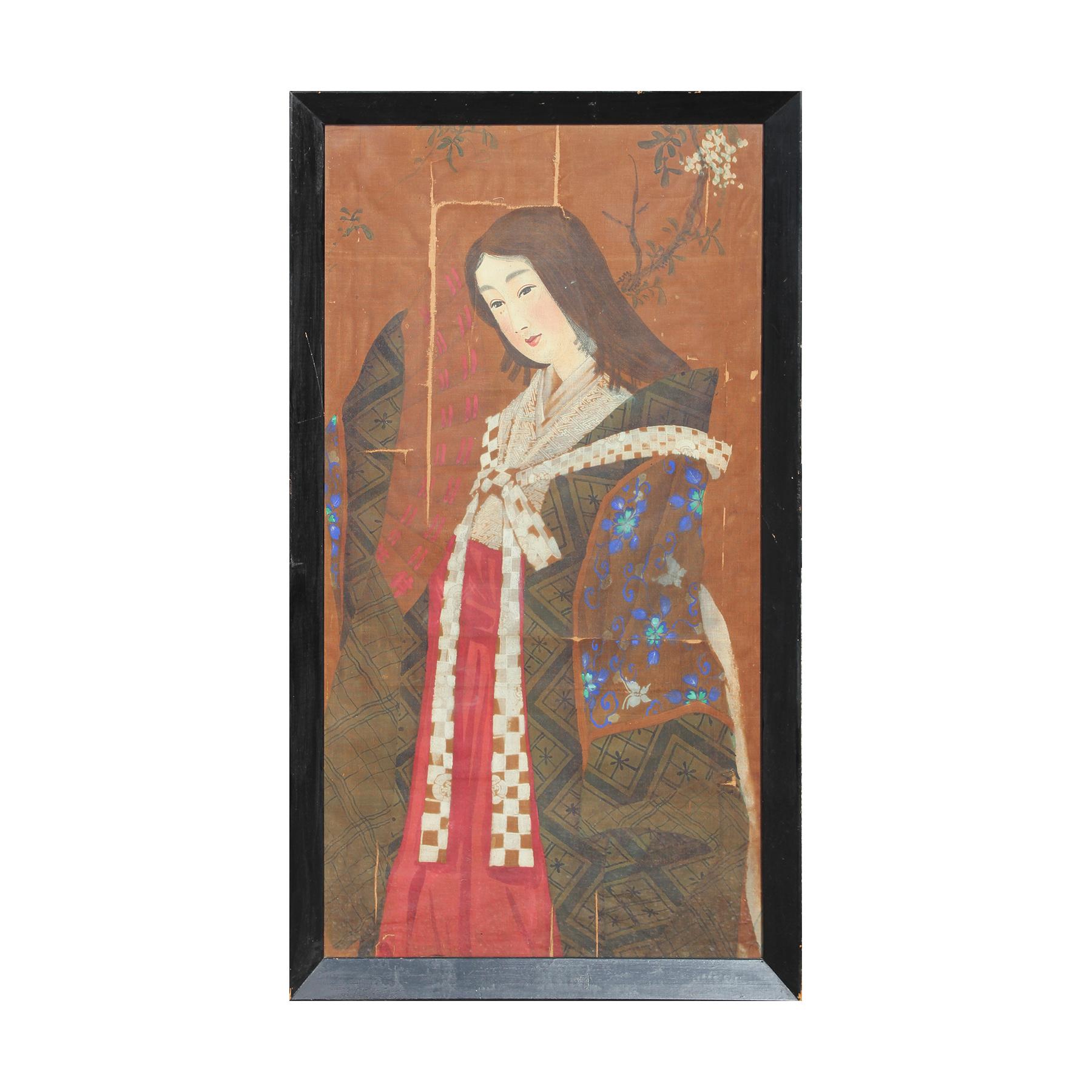 Unknown Figurative Painting - Japanese Geisha or Miko in Kimono with Fan Painting on Silk