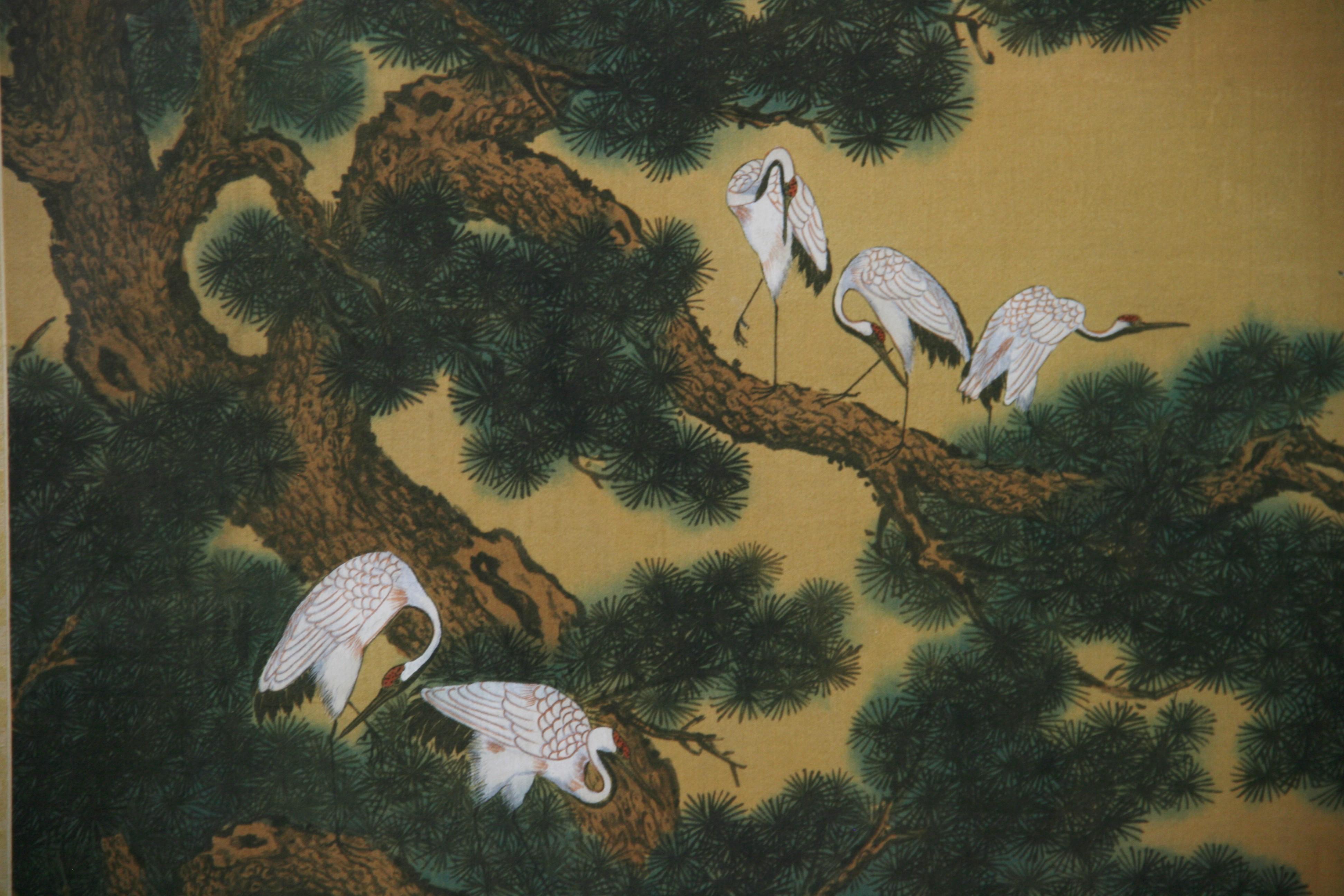 Japanese Landscape and Cranes Painting on Silk #One For Sale 1
