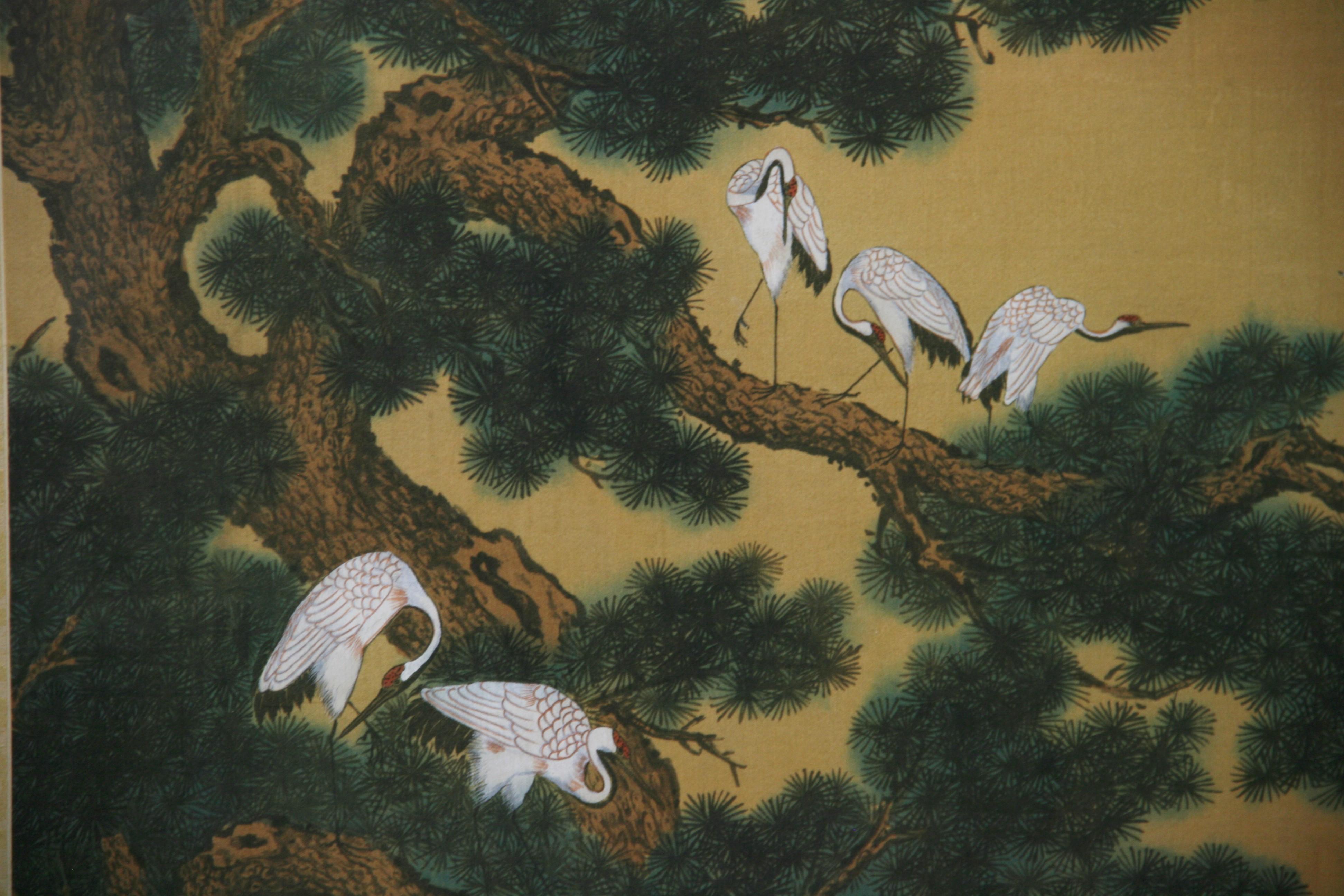 Paysage japonais et grues sur soie #One - Marron Landscape Painting par Unknown