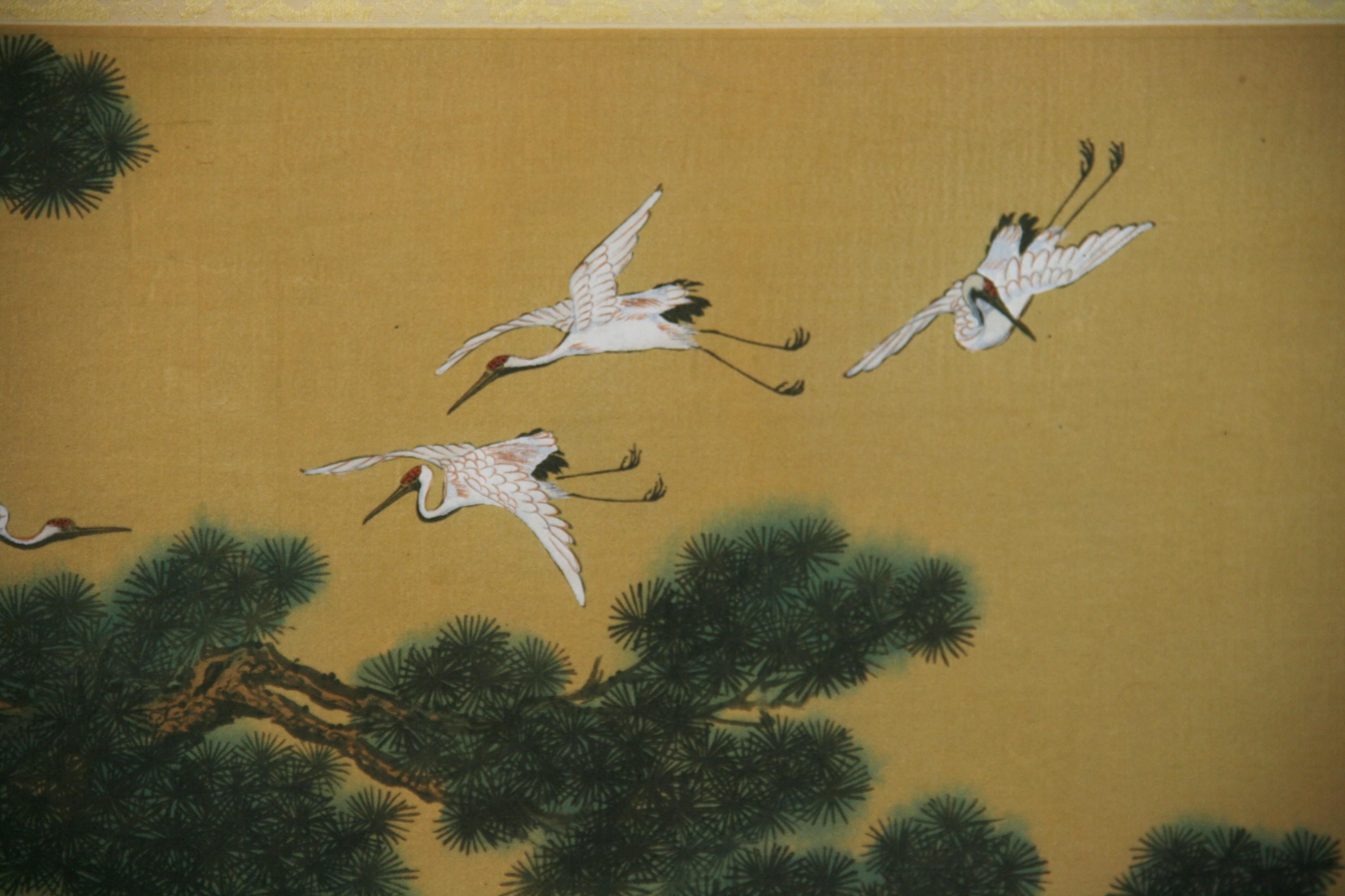 Japanese Landscape and Cranes Painting on Silk #One For Sale 2