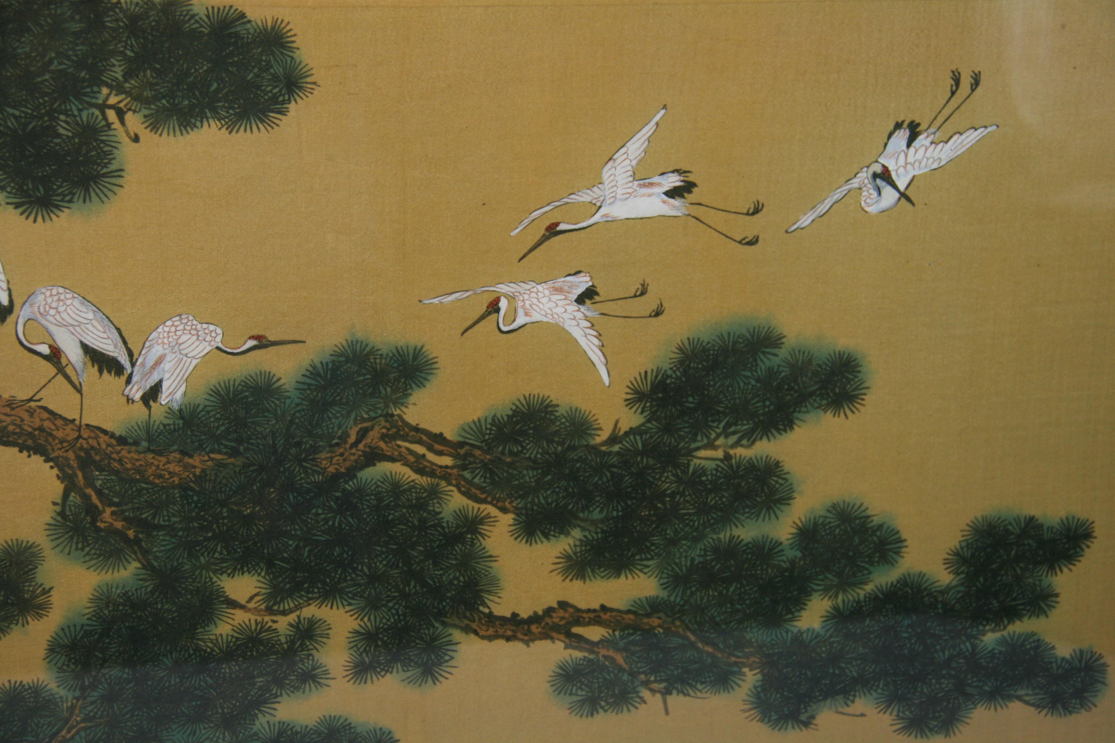 Paysage japonais et grues sur soie #One en vente 2