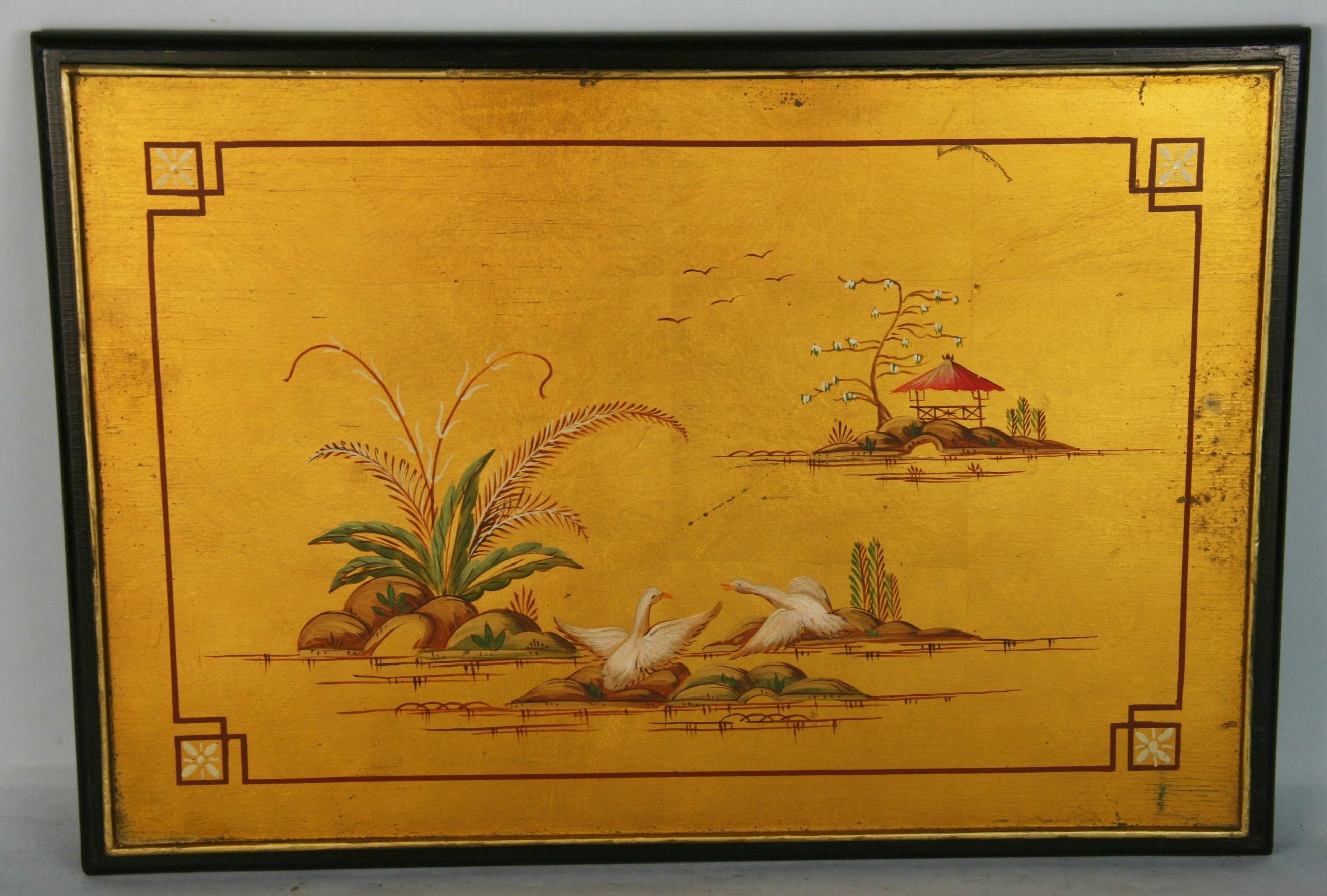 Peinture de paysage japonais sur panneau de bois doré - Painting de Unknown