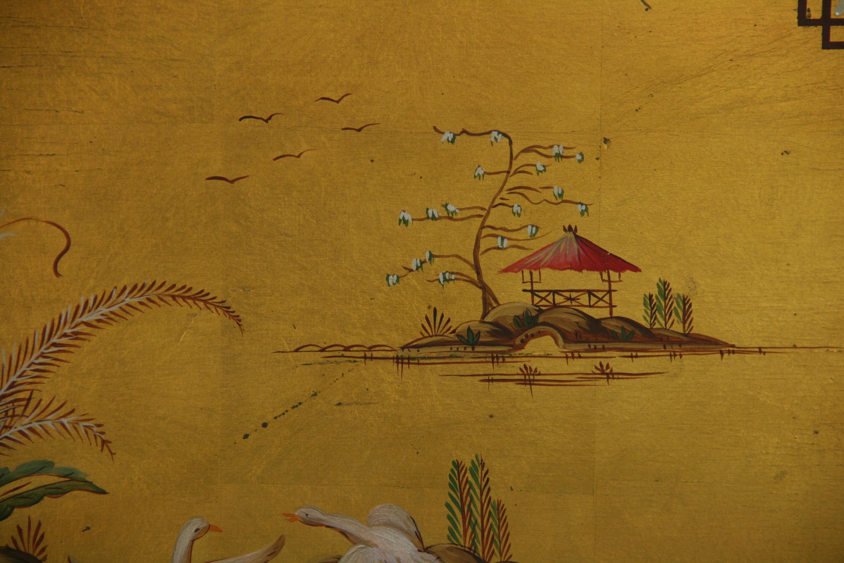 Peinture de paysage japonais sur panneau de bois doré en vente 1