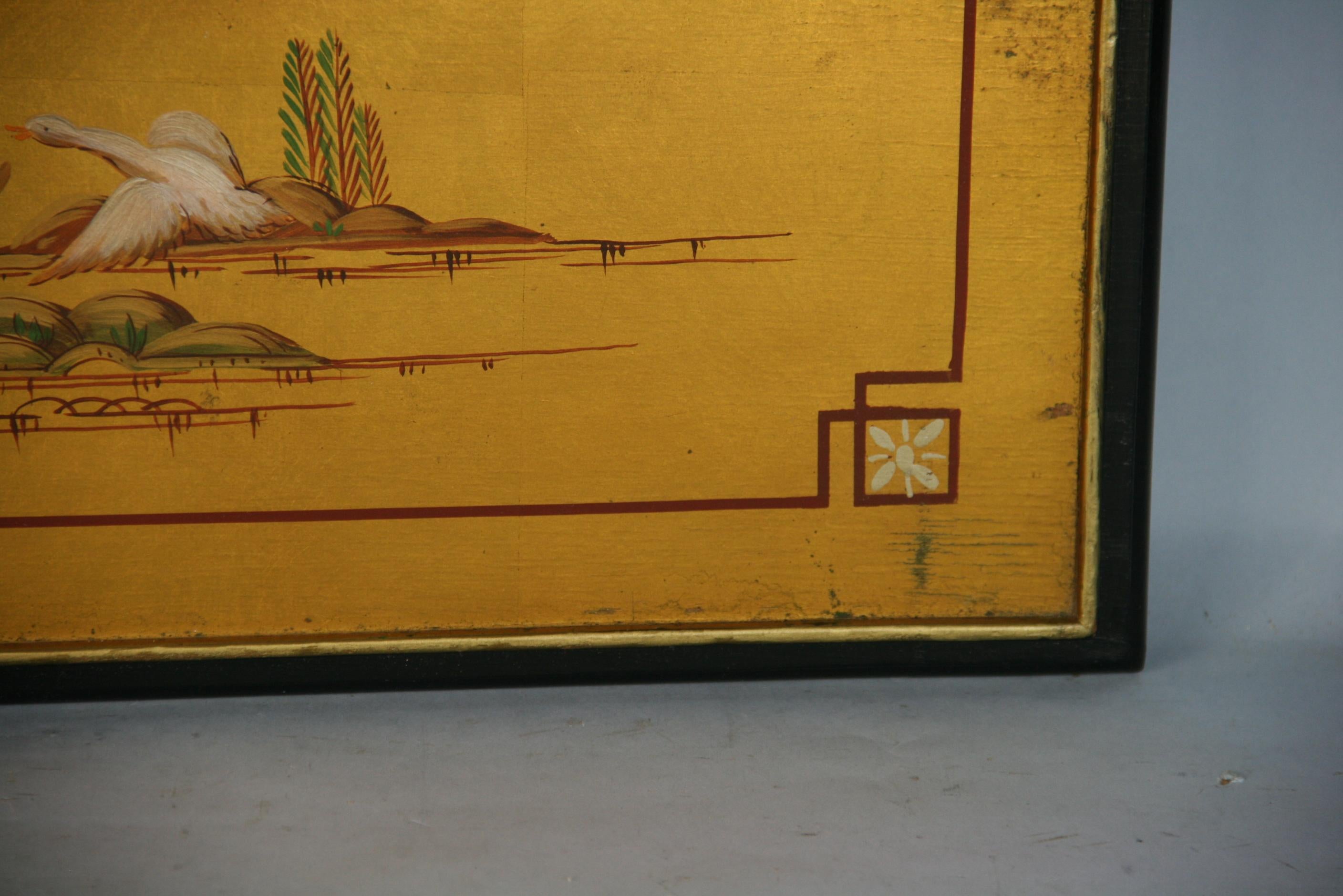 Unknown Japanese Landscape Painting on Gilt Wood Panel For Sale at