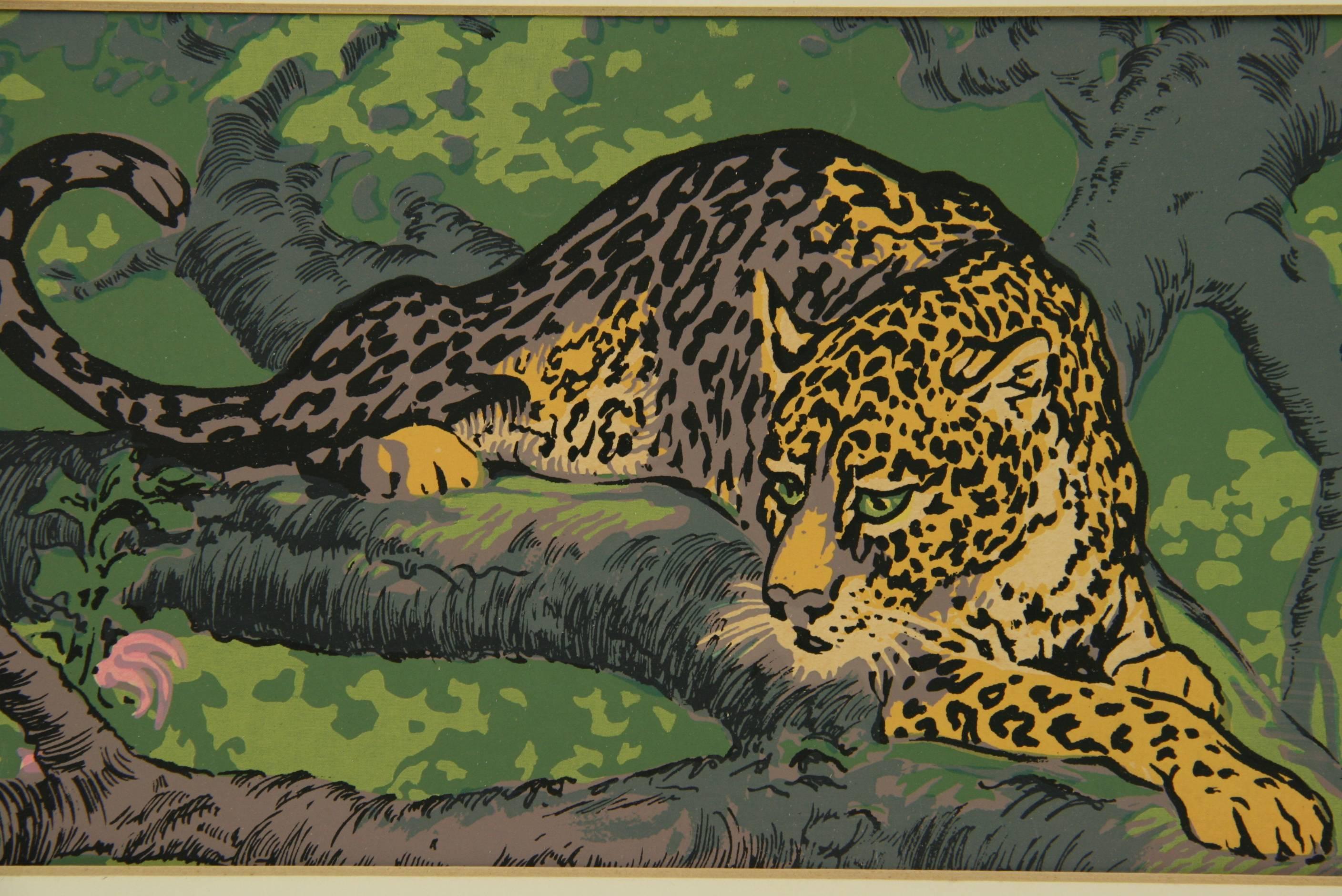 Leopardo giapponese nella giungla dipinto con animali - Painting di Unknown