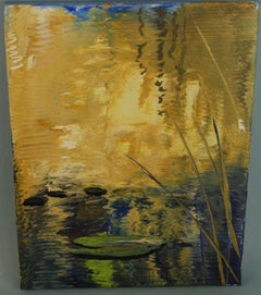 Japanese Lilly Pond Oil Landscape Painting, Unframed, 2000s, 16x13"