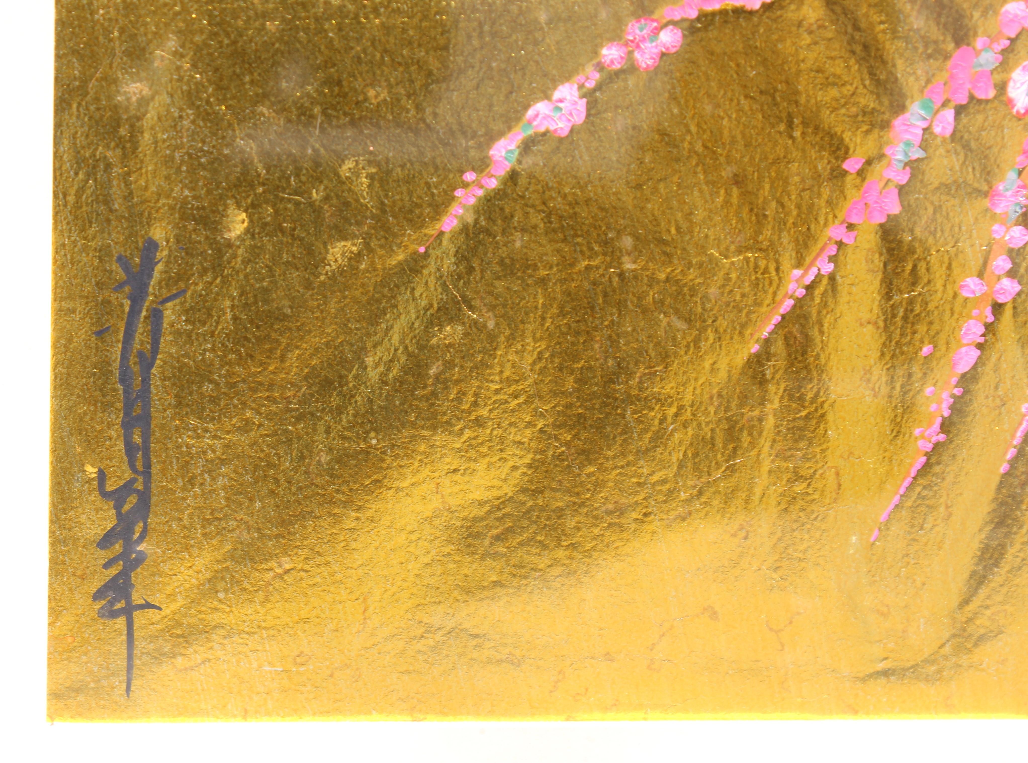 Japanese Pink Blossoms on Gold Leaf - Painting by Unknown