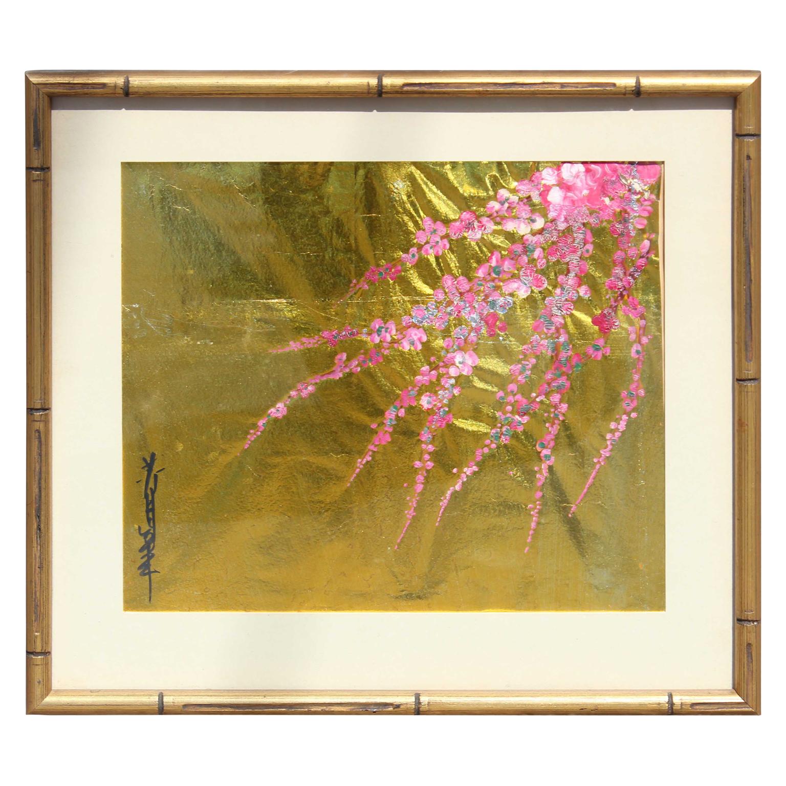 Unknown Figurative Painting - Japanese Pink Blossoms on Gold Leaf