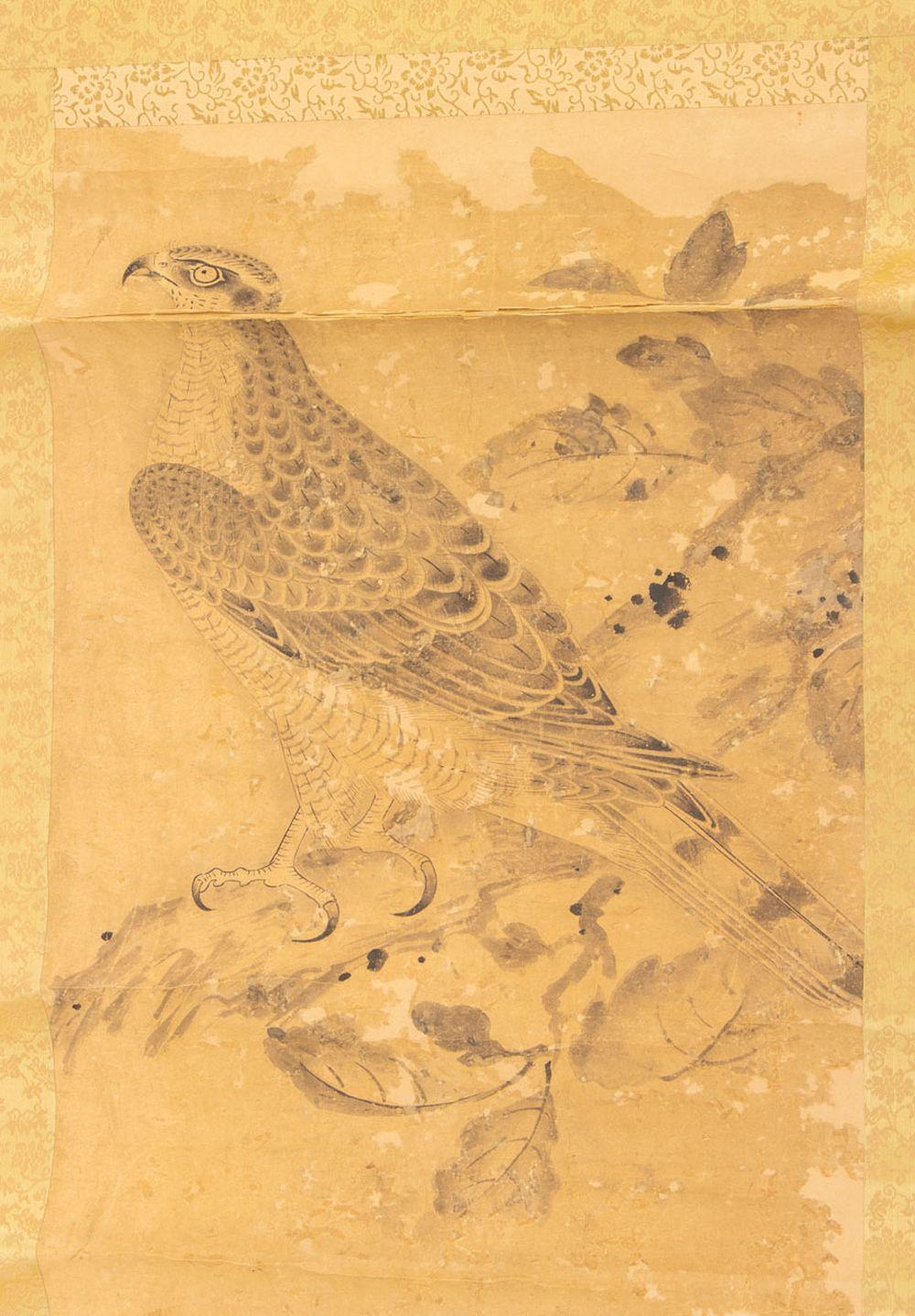 Japanese School Perched Hawk Scroll Painting - Orange Animal Painting by Unknown