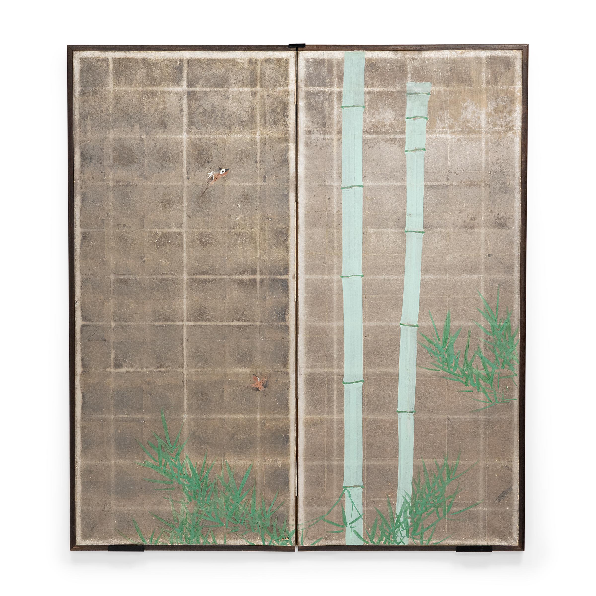 Unknown Still-Life Print - Japanese Silver Leaf Byobu Screen with Bamboo and Finches, c. 1800