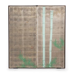 Antique Japanese Silver Leaf Byobu Screen with Bamboo and Finches, c. 1800