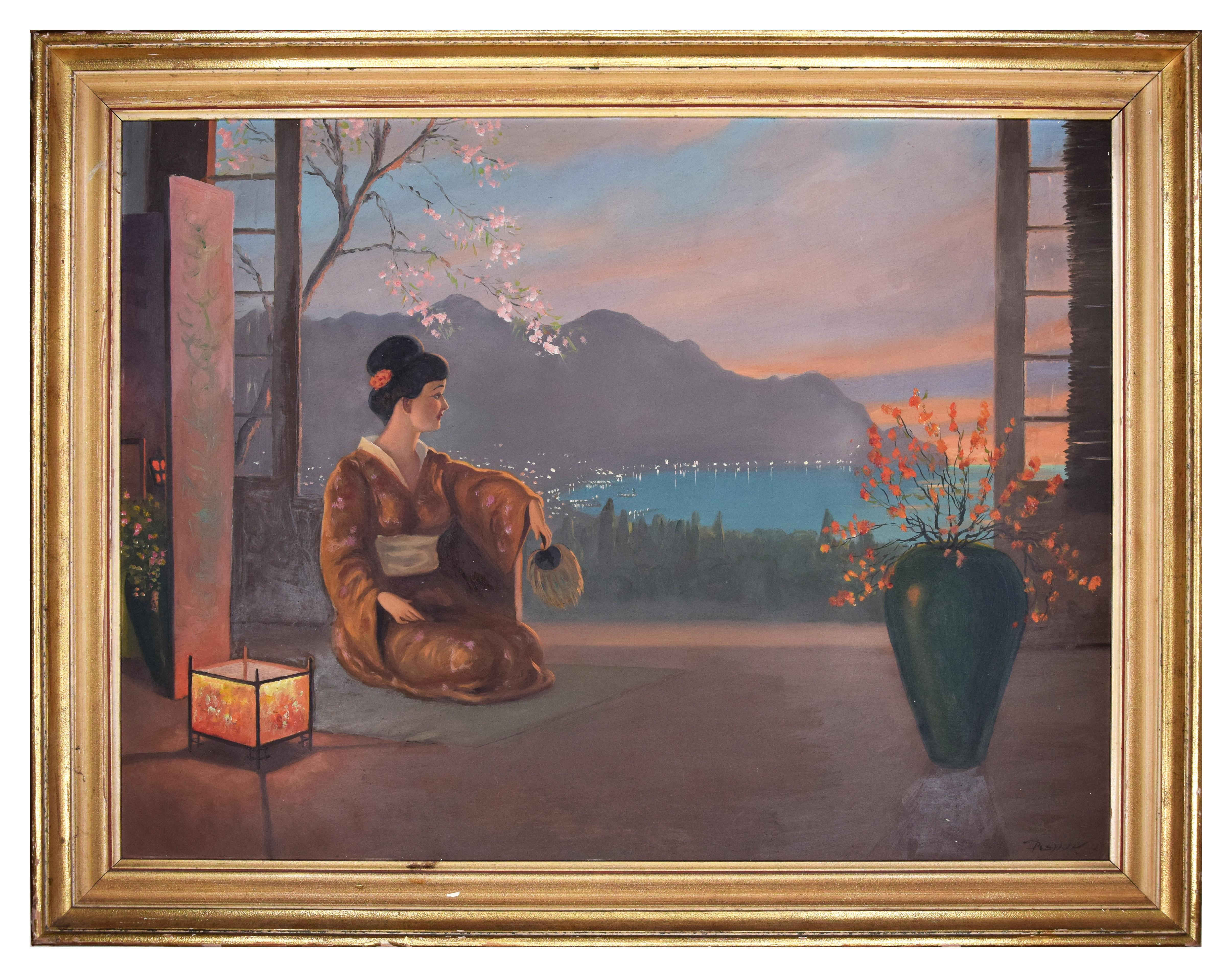 Unknown Figurative Painting - Japanese Sunset with Geisha - Oil Painting - mid-20th Century