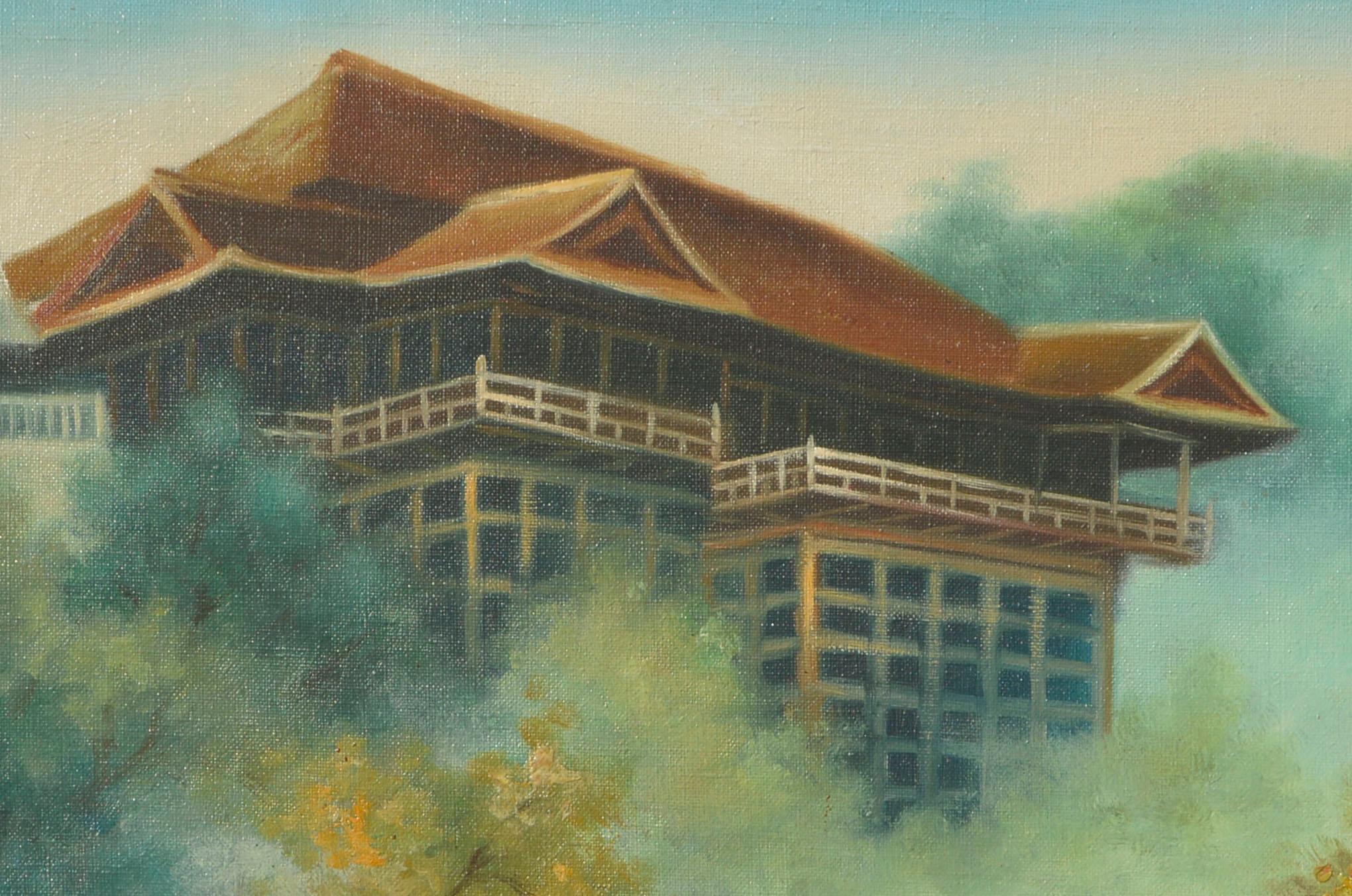 Japanese Tea House in the Mist - Mid Century Landscape - Painting by Unknown