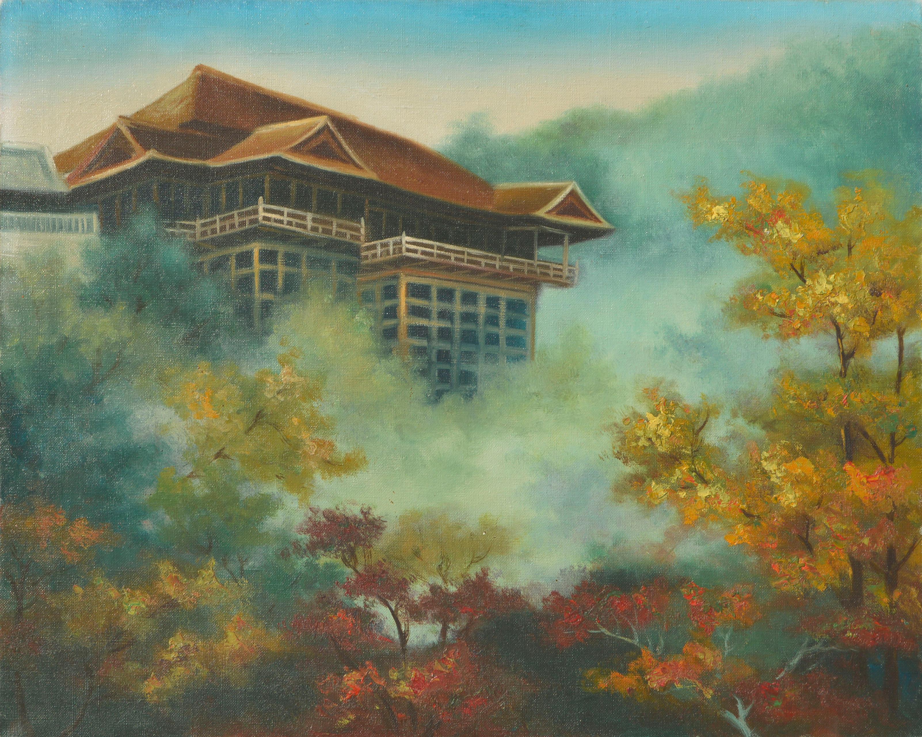 Unknown Landscape Painting - Japanese Tea House in the Mist - Mid Century Landscape
