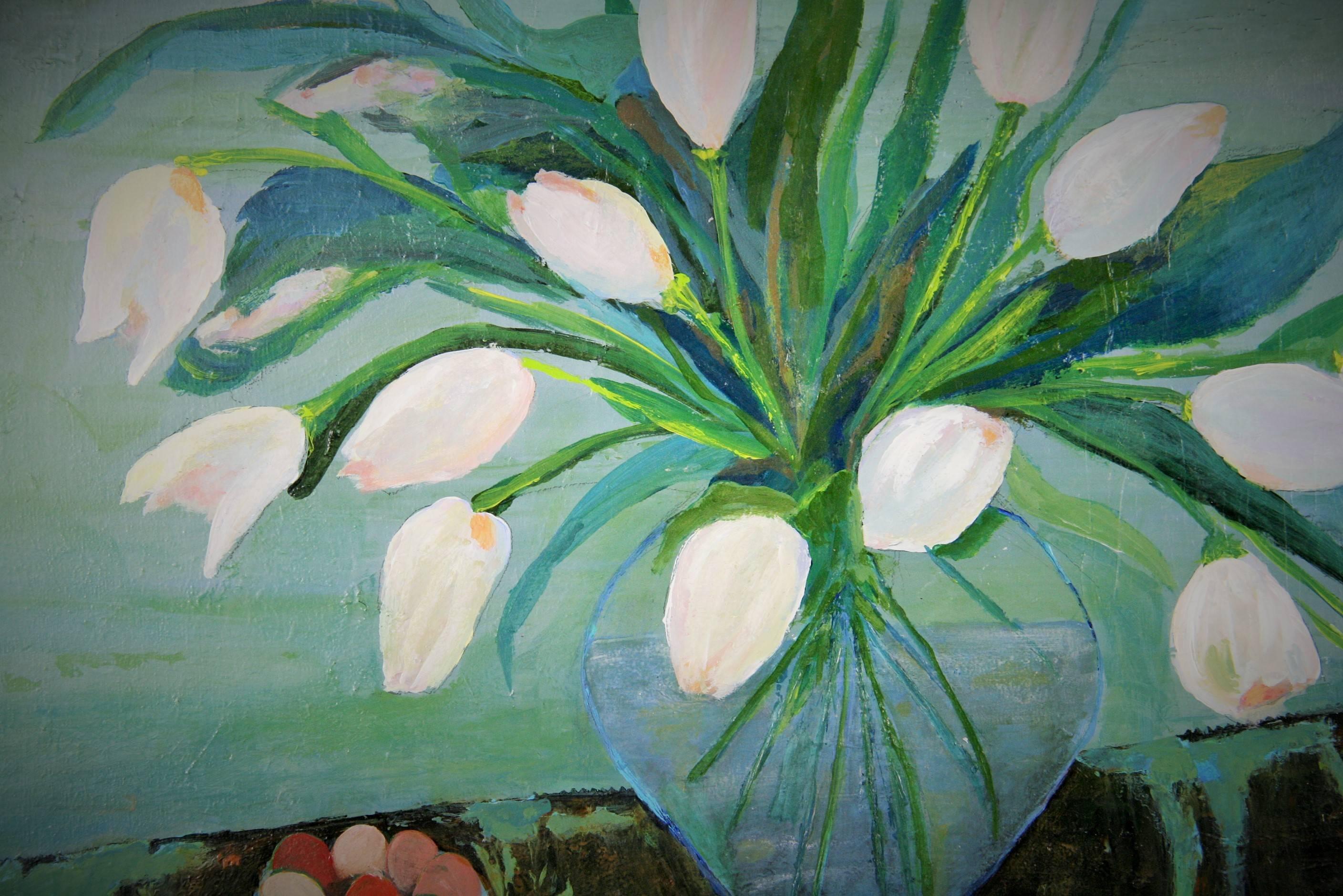 #5-3333 A white tulips still life ,acrylic on canvas applied on board, set in a  vintage curved white painted wood frame
.Signed lower left by P.Russo Neapolitan artist