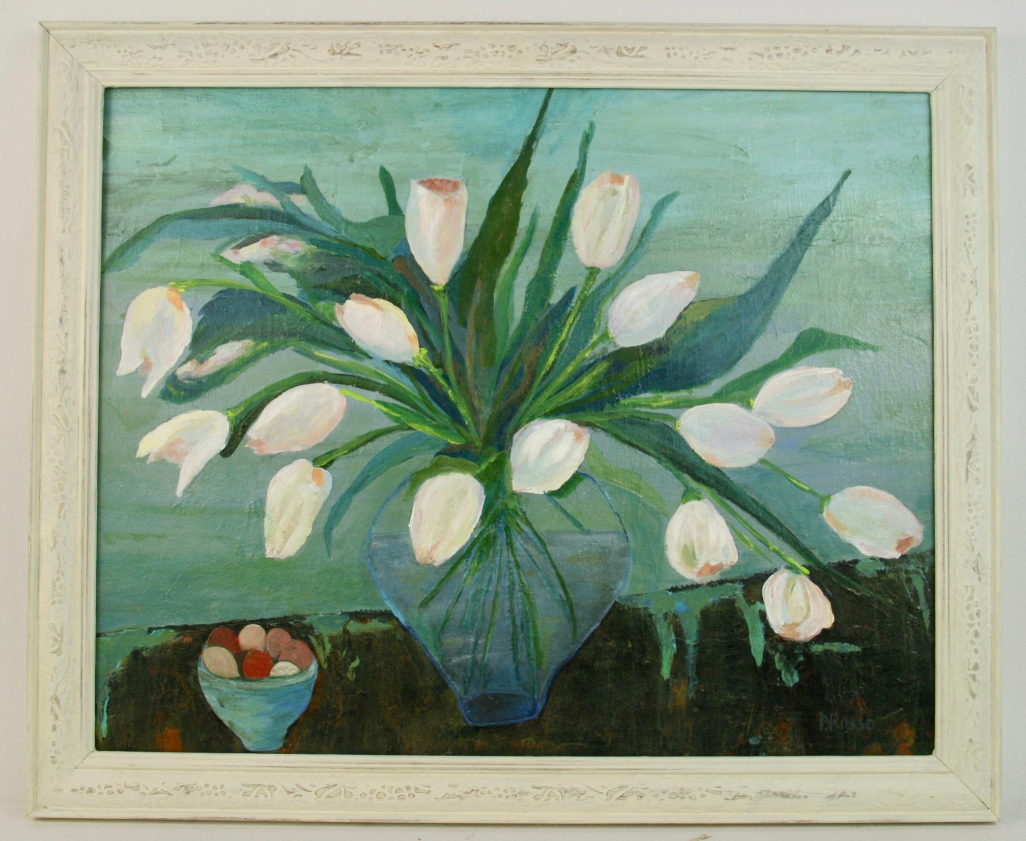 Unknown Landscape Painting – Japanisch  Weiße Tulpen Blumenstillleben 
