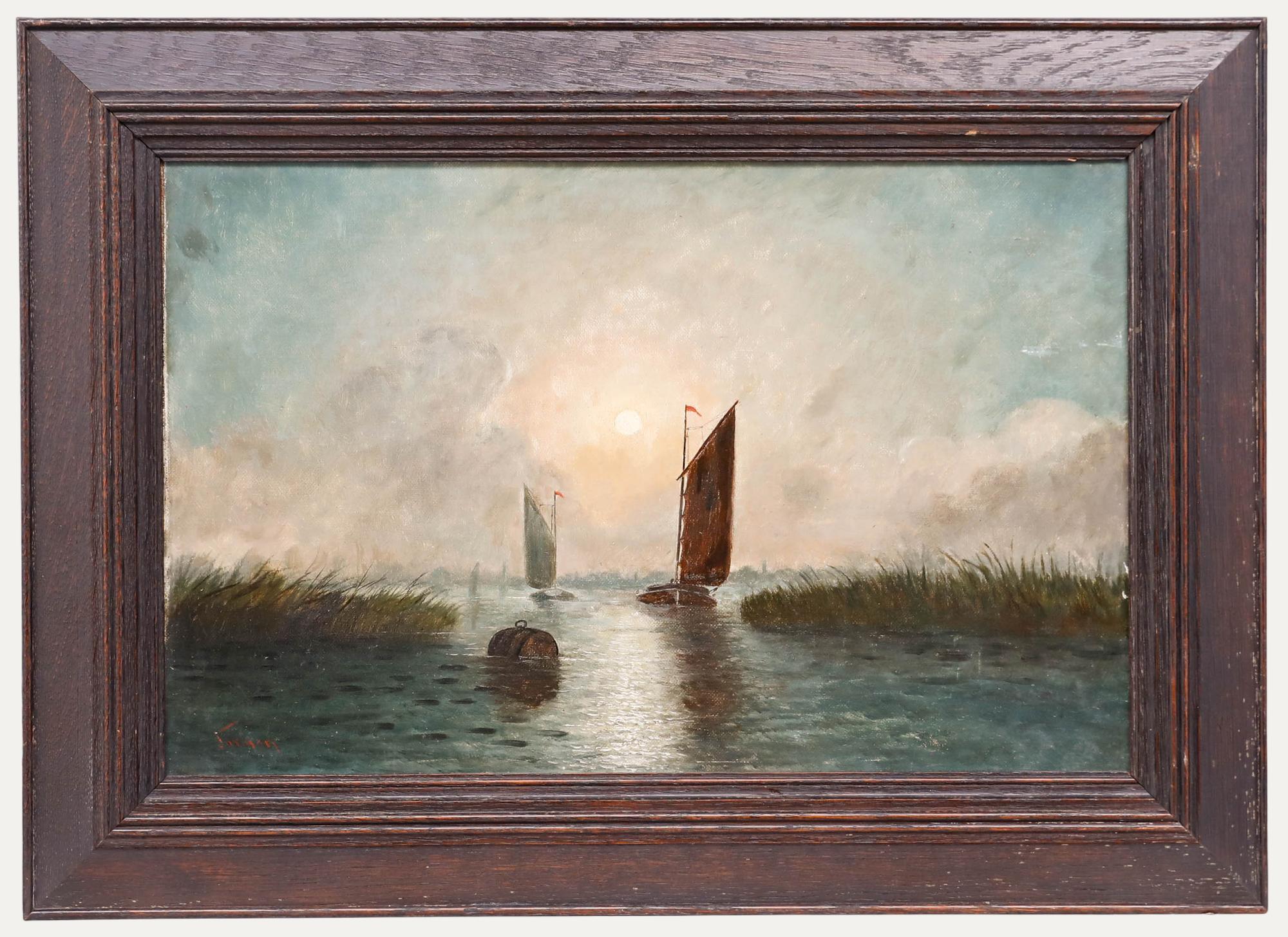 Unknown Landscape Painting - Jarman - Framed 20th Century Oil, Norfolk Wherries at Sunrise
