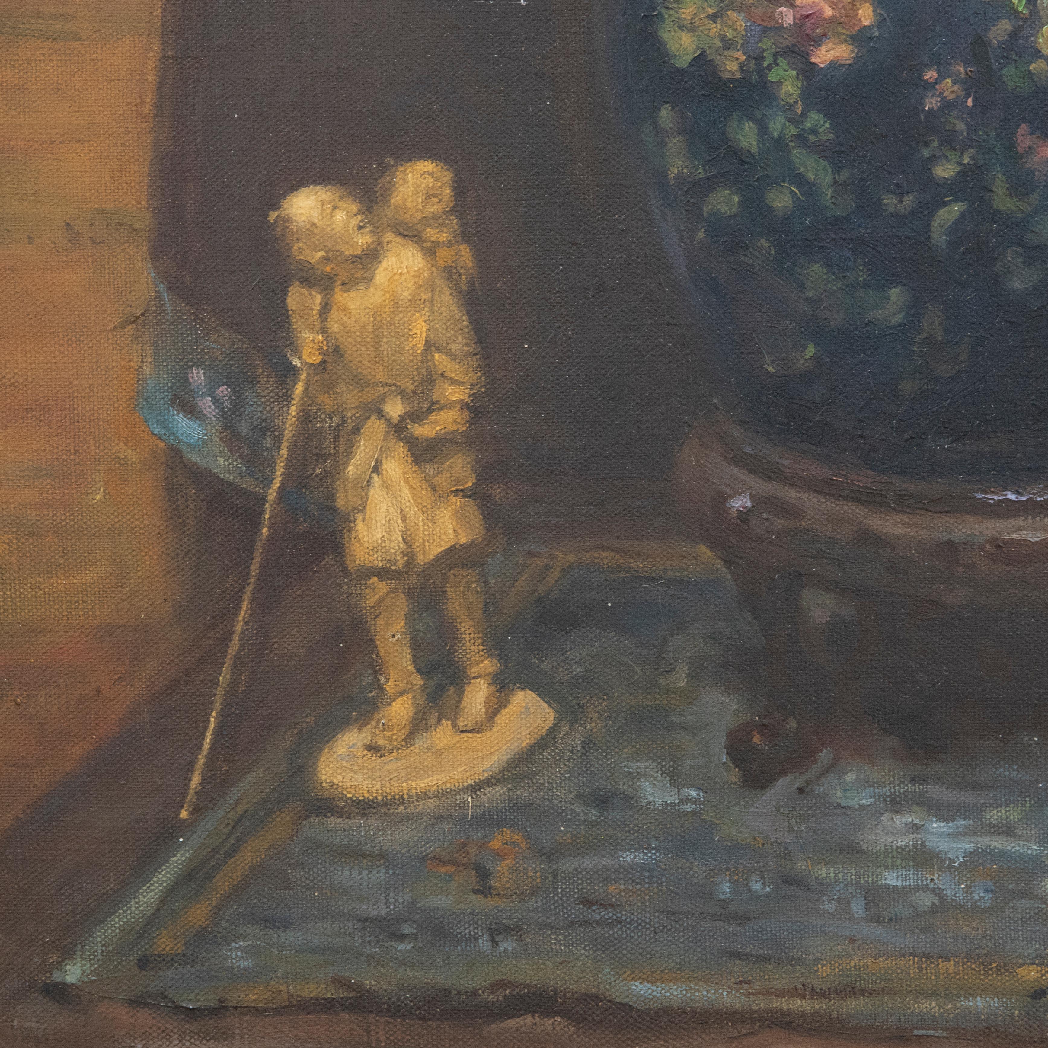 A delicate oil painting by the artist Jean Ballantyne, depicting a still life scene with Chinese ginger jar and ivory figurine. Beautifully presented in a gilt-effect frame with bead course to the outer edge and shell running pattern to the inner