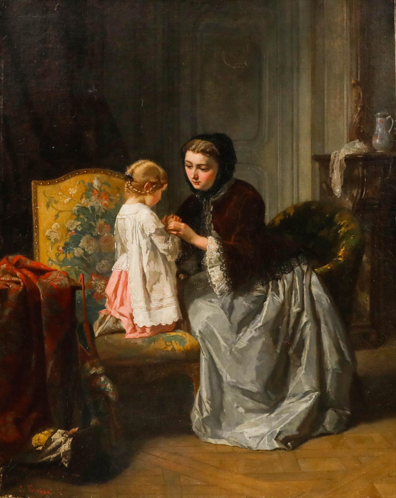 Jean-Baptiste Jules Trayer (1824-1909) - Öl aus dem 19. Jahrhundert, Ihre erste Lektion – Painting von Unknown