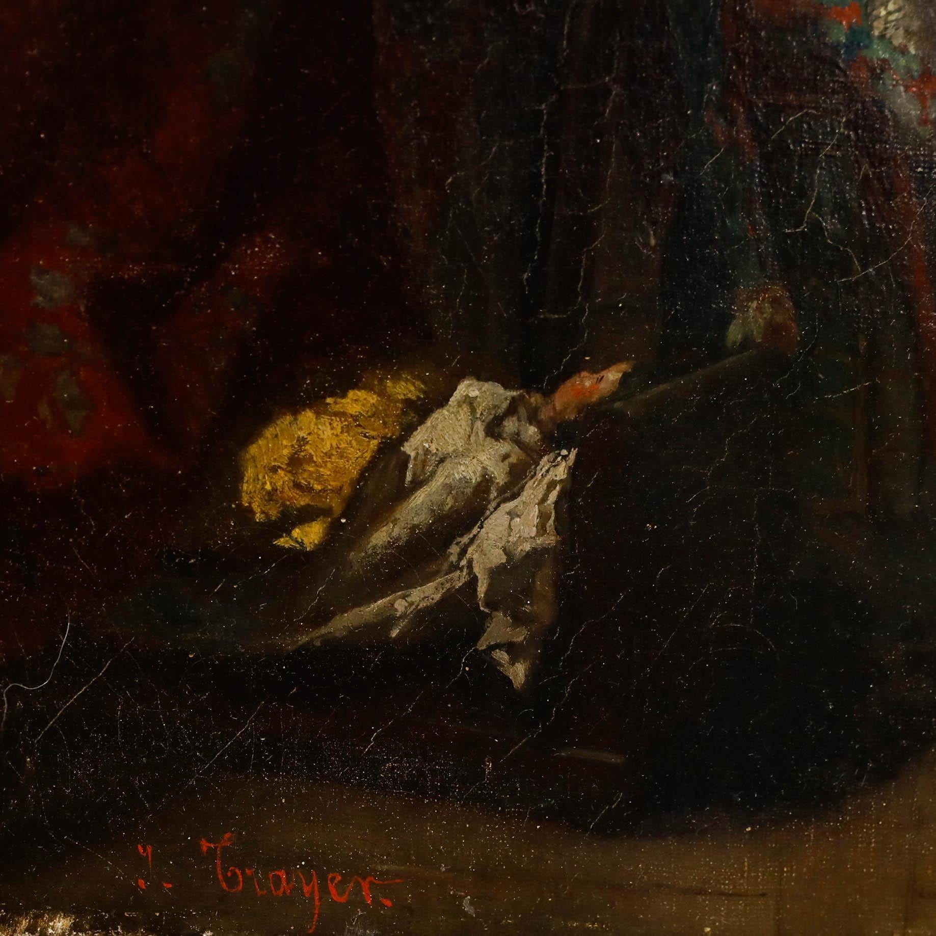 Eine herzerwärmende Genreszene des französischen Künstlers Jean-Baptiste Jules Trayer (1824-1909). Dieses Gemälde zeigt zärtlich eine Mutter und ihre Tochter beim Gebet. Das kleine Mädchen kniet auf einem Stuhl, die Augen geschlossen und die Hände