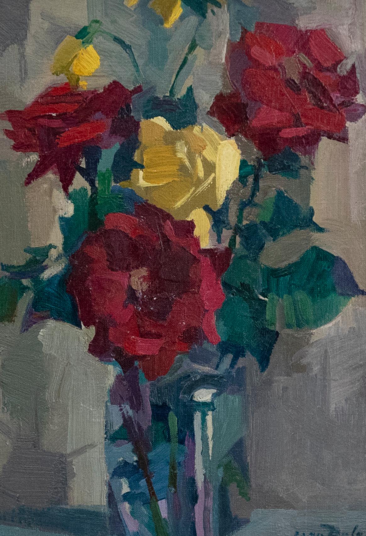 Jean Dulac (1902-1968) - Óleo enmarcado de mediados del siglo XX, Rosas rojas y amarillas - Painting de Unknown