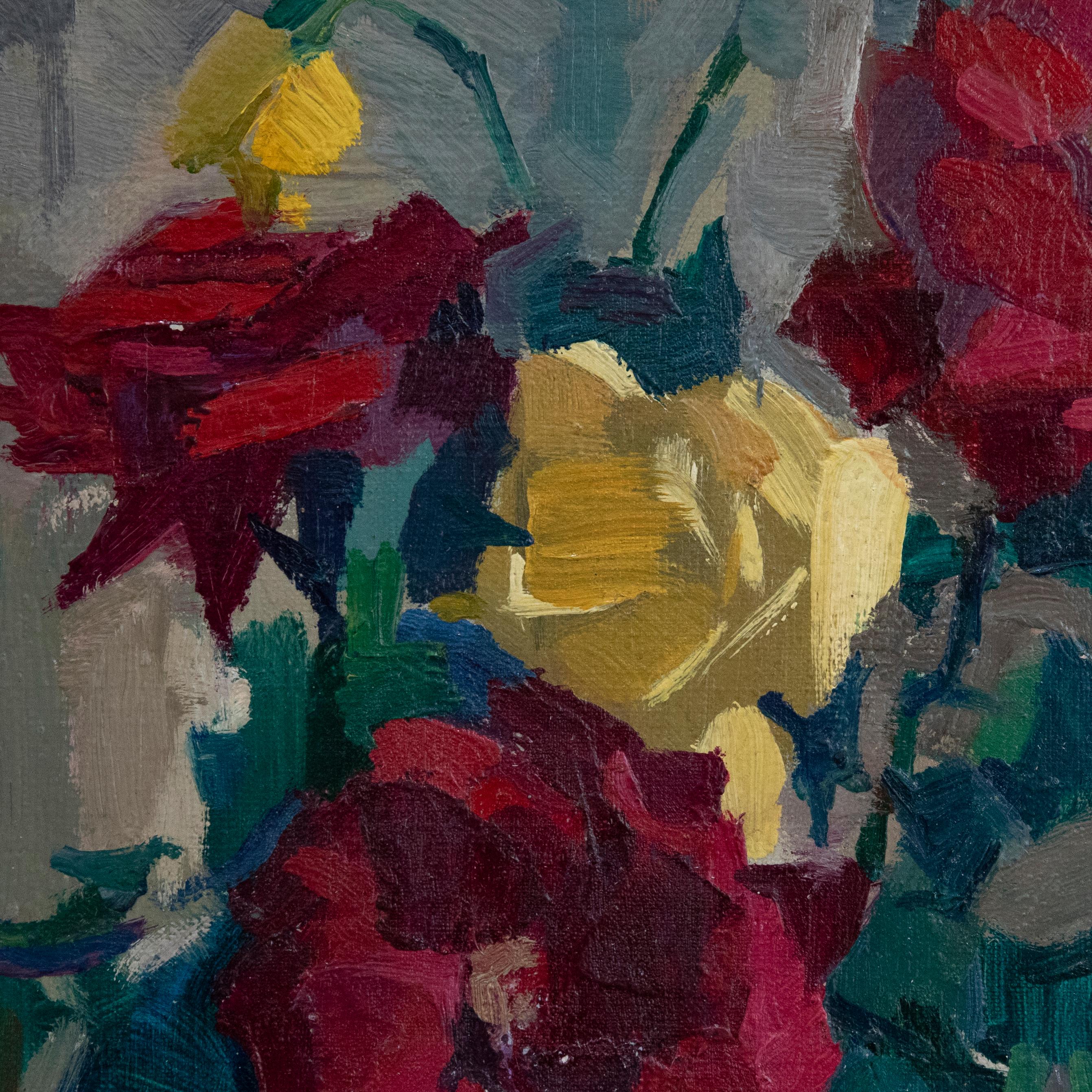 Jean Dulac (1902-1968) - Óleo enmarcado de mediados del siglo XX, Rosas rojas y amarillas 1