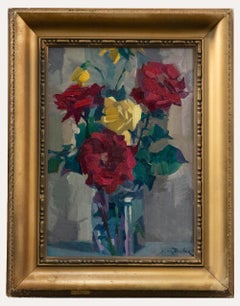 Jean Dulac (1902-1968) - Óleo enmarcado de mediados del siglo XX, Rosas rojas y amarillas
