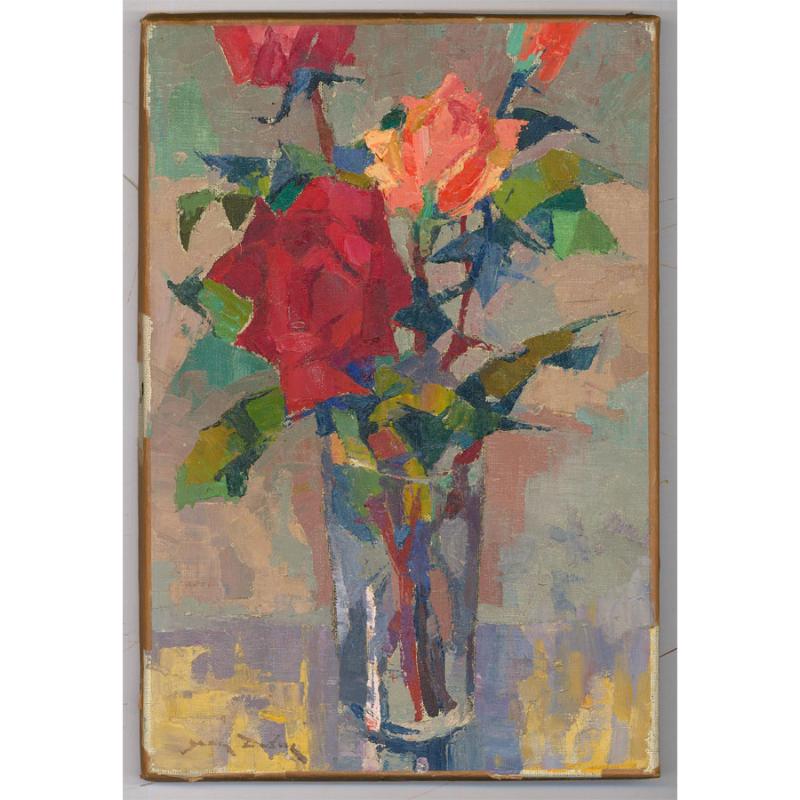 Un vibrante studio astratto di rose Meilland in un vaso. L'artista utilizza una spatola per catturare i fiori colorati e lo sfondo pastello. Firmato in basso a destra. Titolato sul retro. Su tela.
