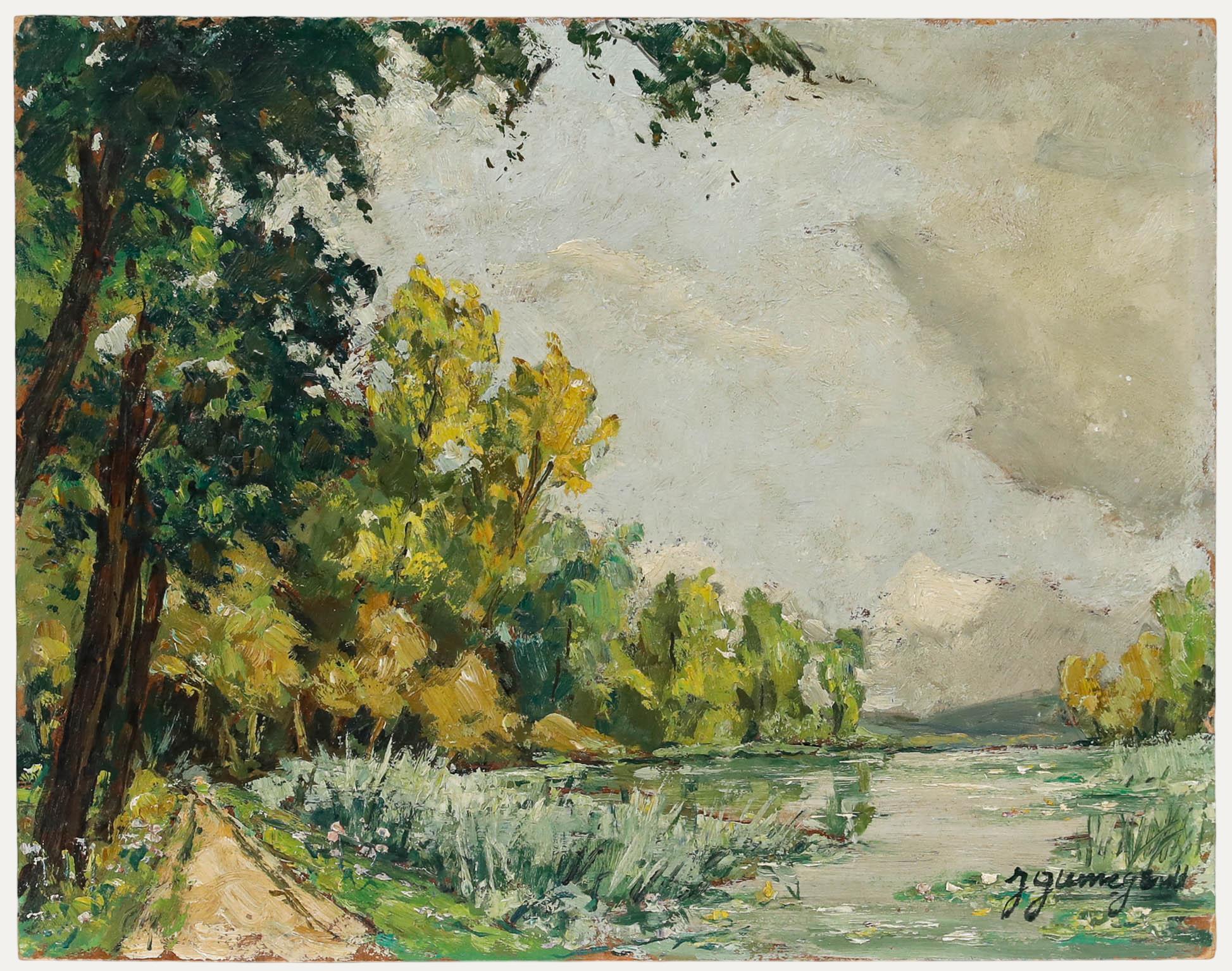 Unknown Landscape Painting - Jean Paul Guinegault (1918-2009) - 20th Century Oil, Edge of the Mayenne River