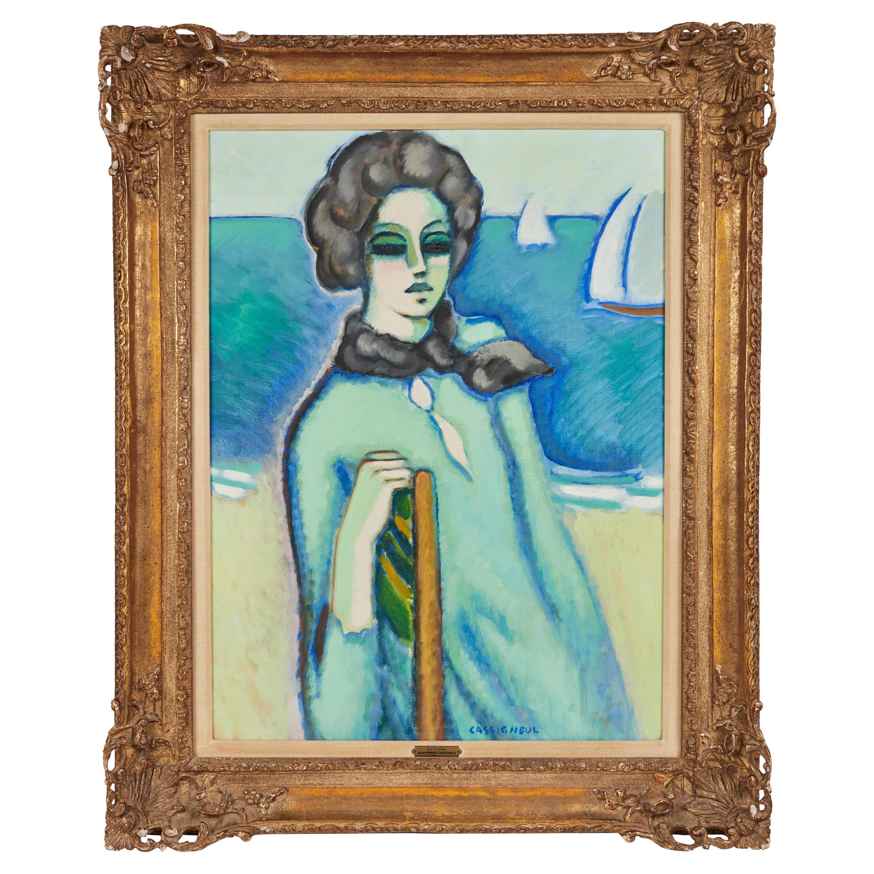 "Sur la Plage" signed Jean-Pierre Cassigneul. Framed oil on canvas. Canvas 32" h x 23.5" w. Frame is hand carved and gilded. Cassigneul is a French painter known for his serene portraits of women that recall the French Post-Impressionist