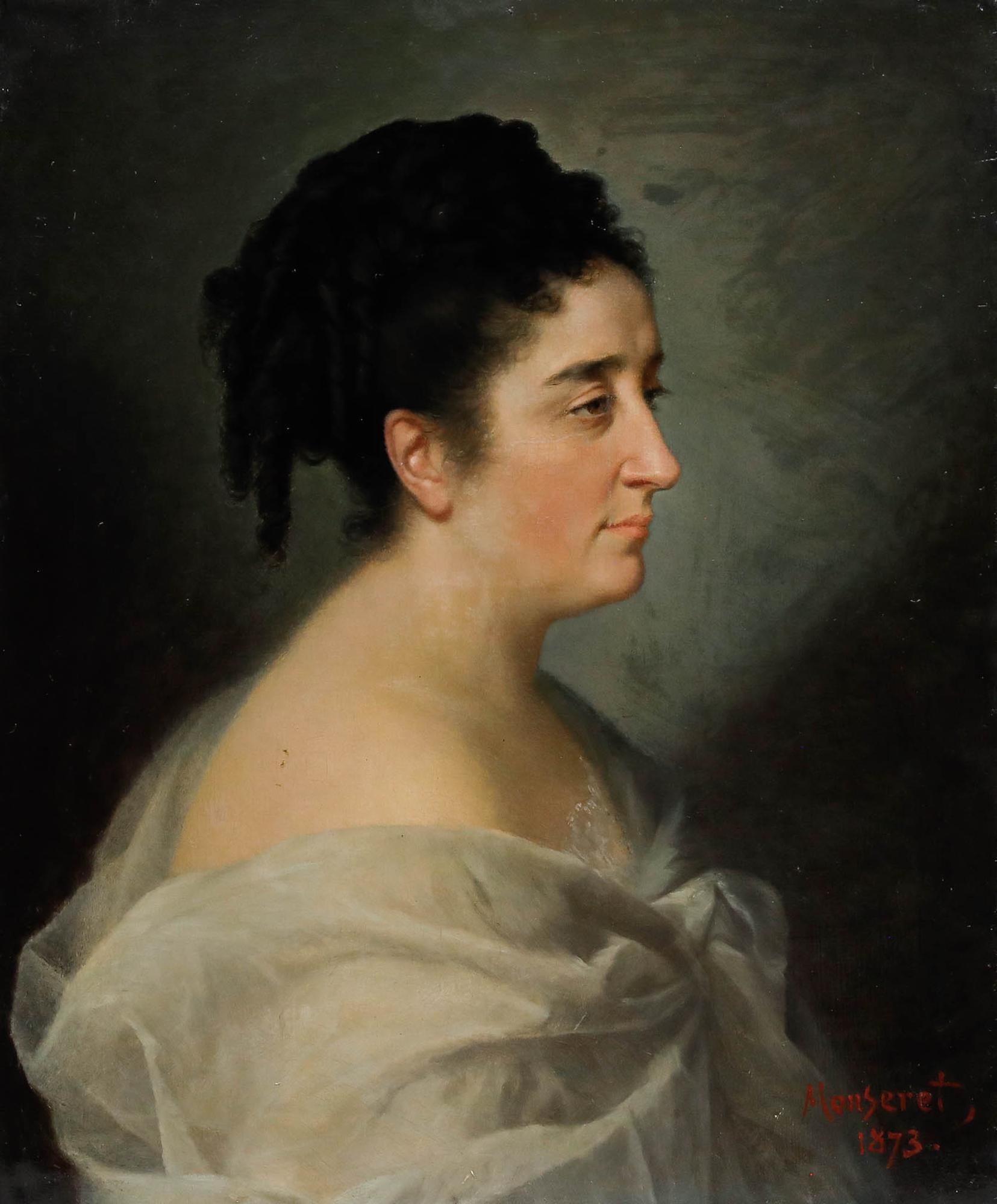 Jean-Pierre Monseret (1813-1888) - 1873 Oil, Lady in Organza - Painting by Unknown