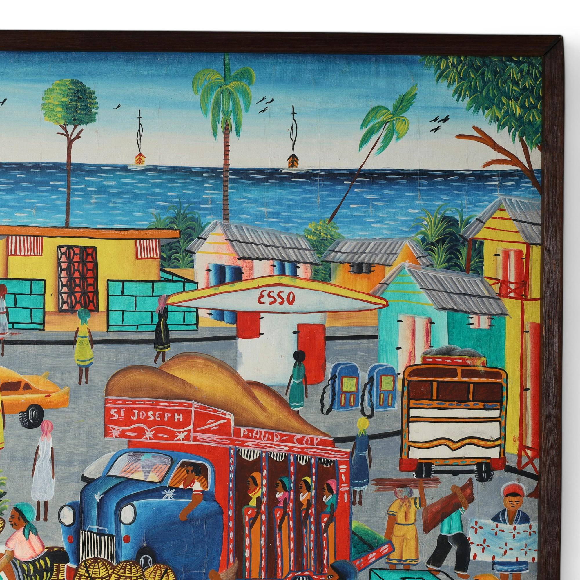 Jeanty J N Robert Vintage Pintura haitiana sobre tabla de una escena de pueblo en venta 1