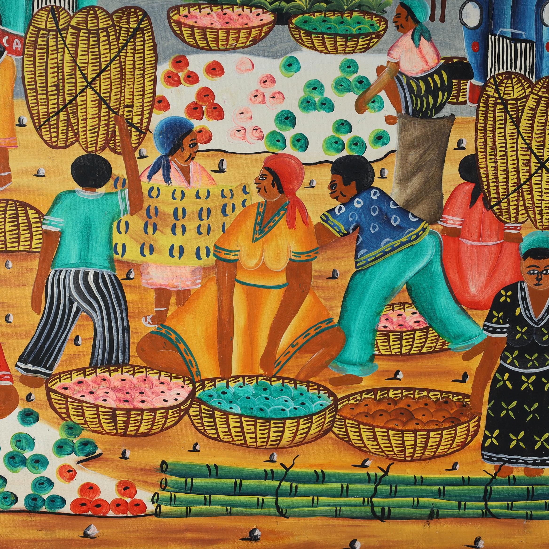 Jeanty J N Robert Vintage Pintura haitiana sobre tabla de una escena de pueblo en venta 3