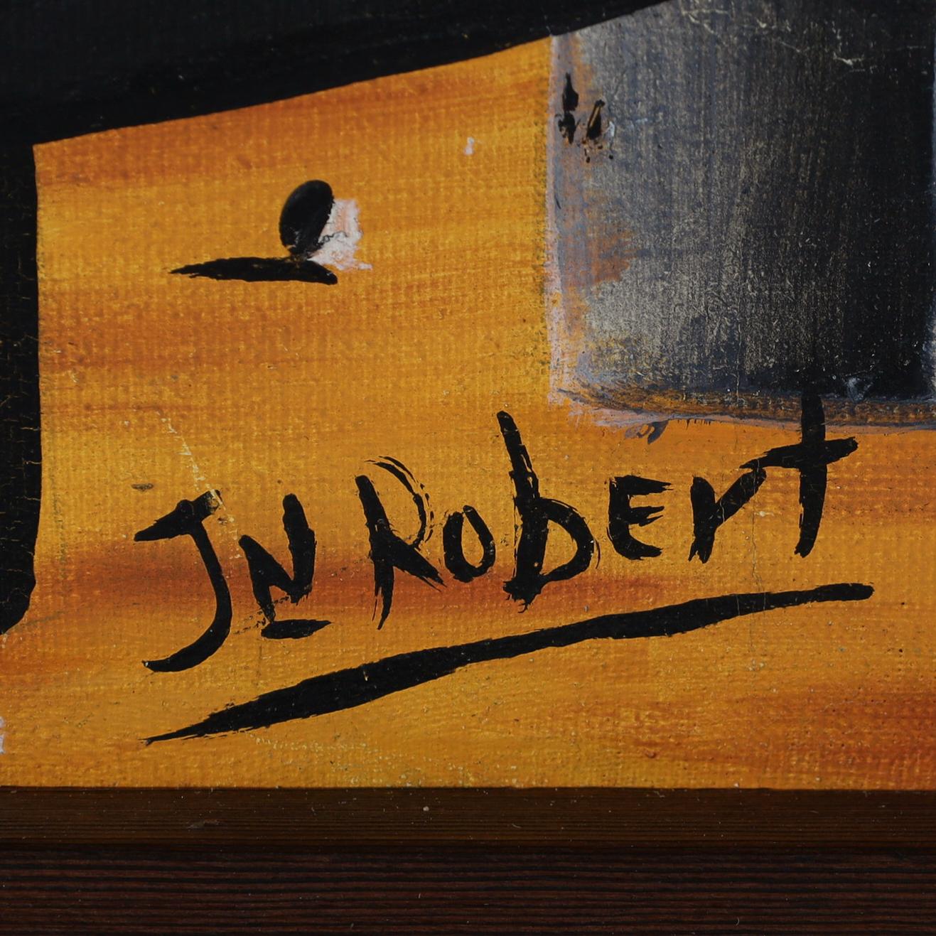 Jeanty J N Robert Vintage Pintura haitiana sobre tabla de una escena de pueblo en venta 5