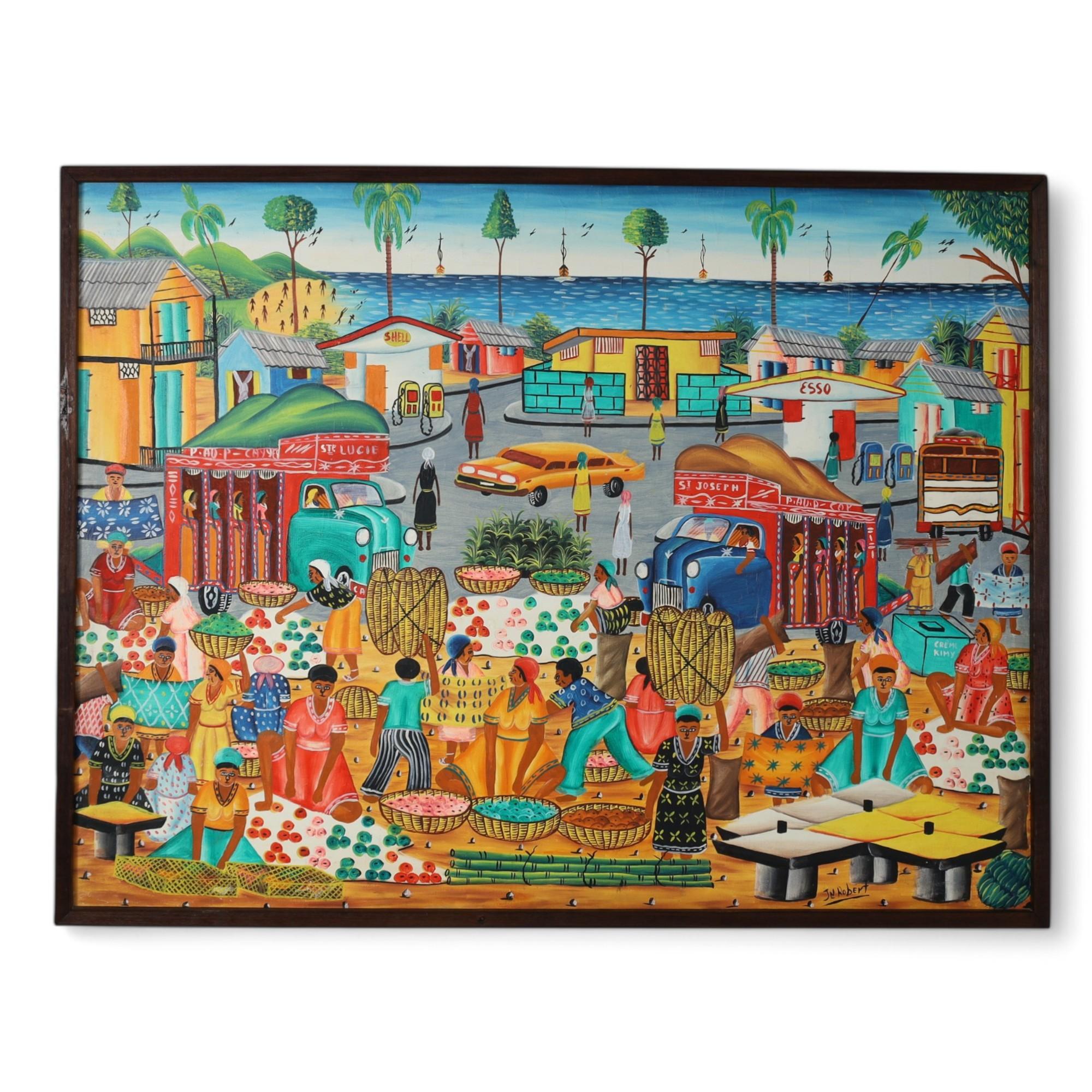 Jeanty J N Robert Vintage Pintura haitiana sobre tabla de una escena de pueblo - Painting de Unknown