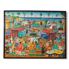 Jeanty J N Robert Vintage Haitian Painting on Board of a Village Scene