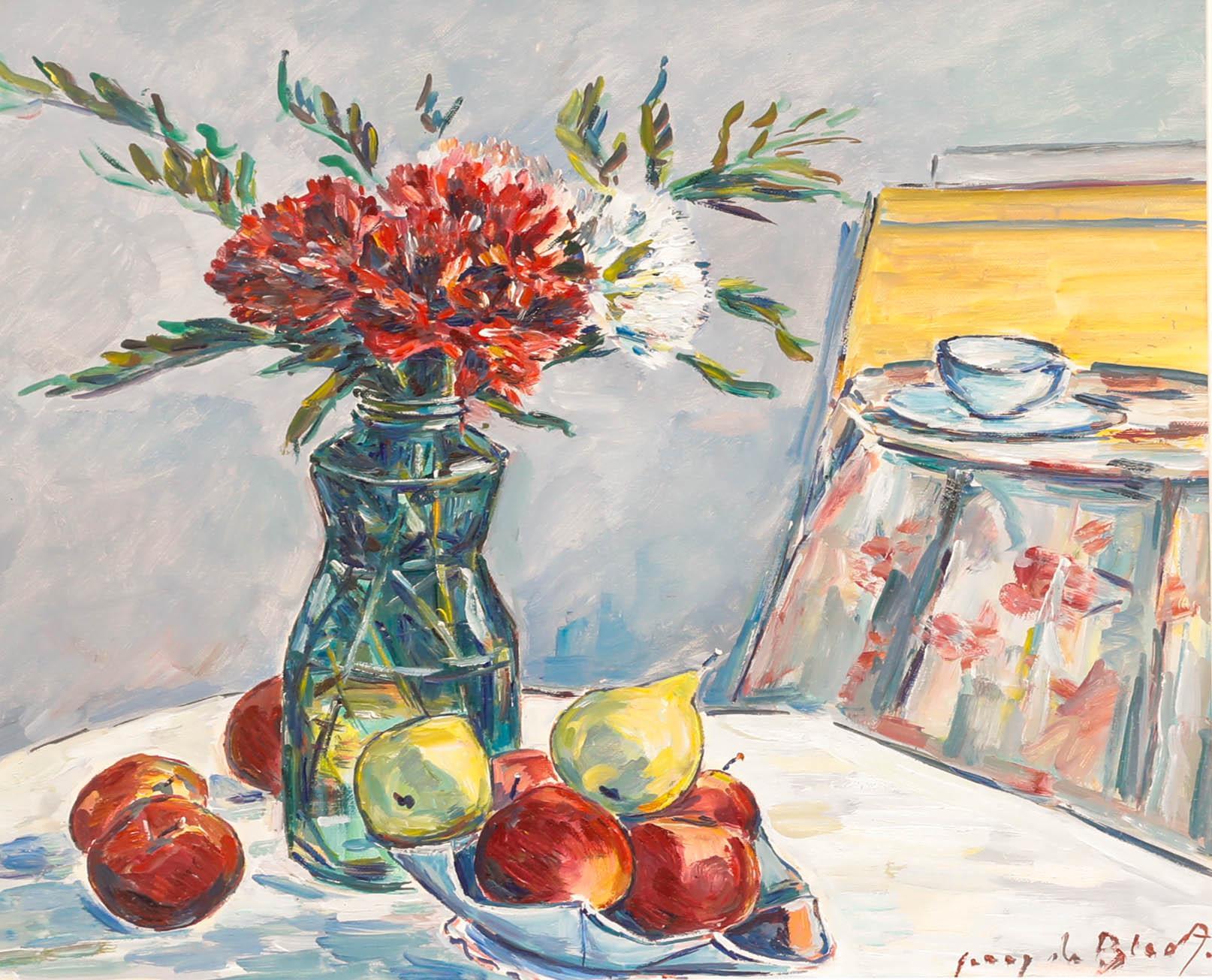 Jenny De Bloot (1901-1988) - Olio della metà del XX secolo, Crisantemi con mele - Painting di Unknown