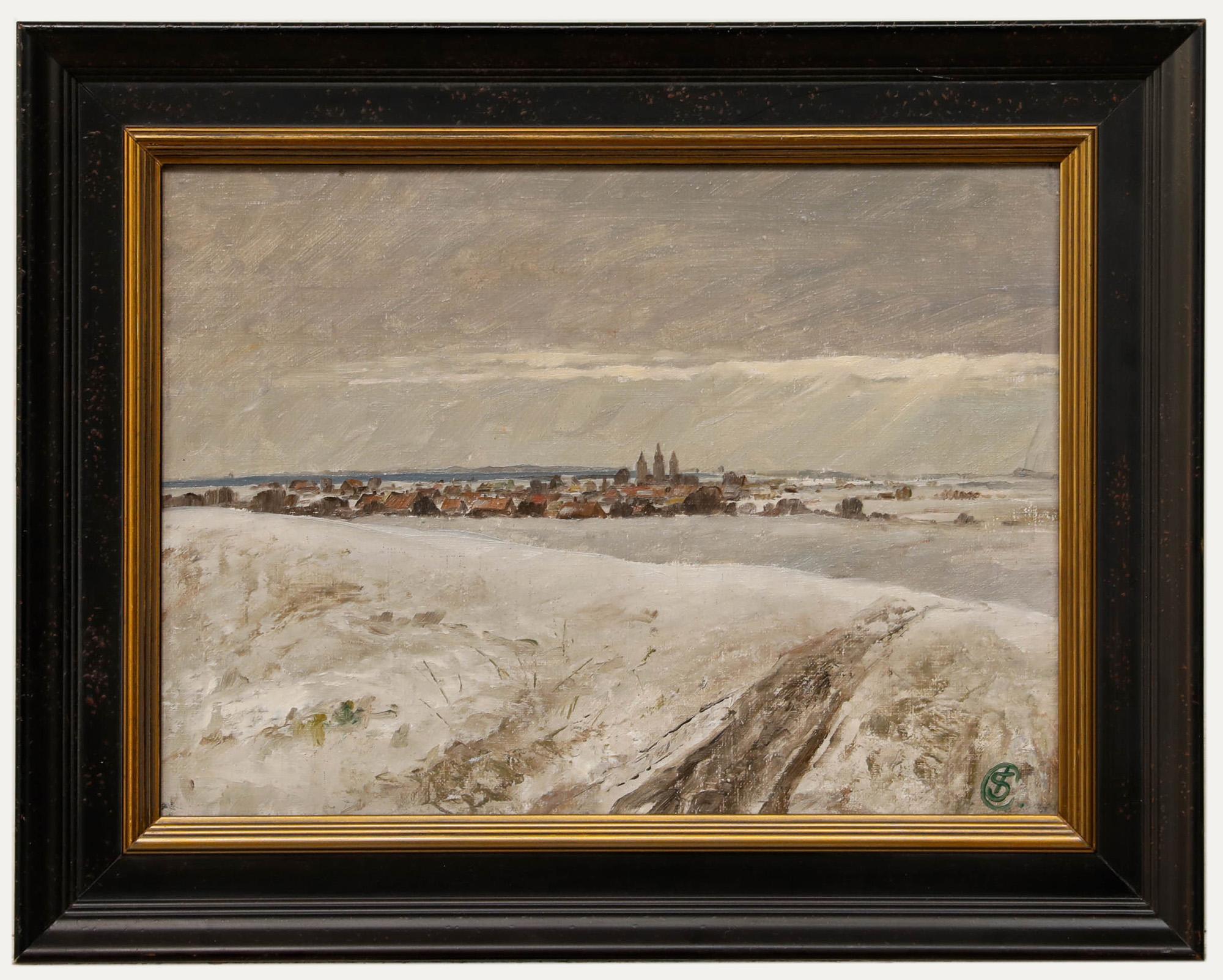 Landscape Painting de Unknown - Jens Sinding Christensen (1888-1980)- Óleo enmarcado, Paisaje invernal, Helsingborg
