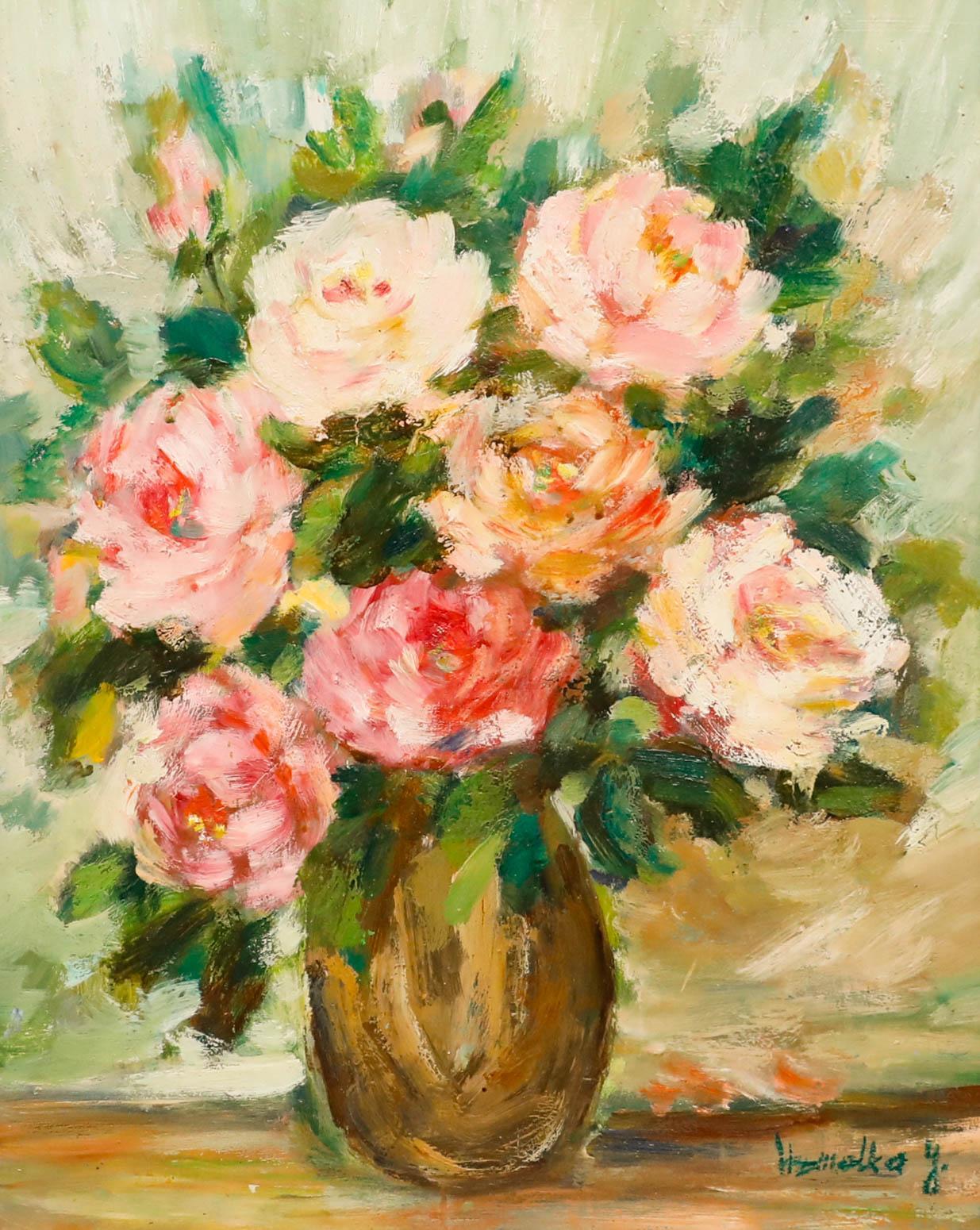 Jerina Homolka - Gerahmtes Öl des 20. Jahrhunderts, Rosa Pfingstrosen – Painting von Unknown