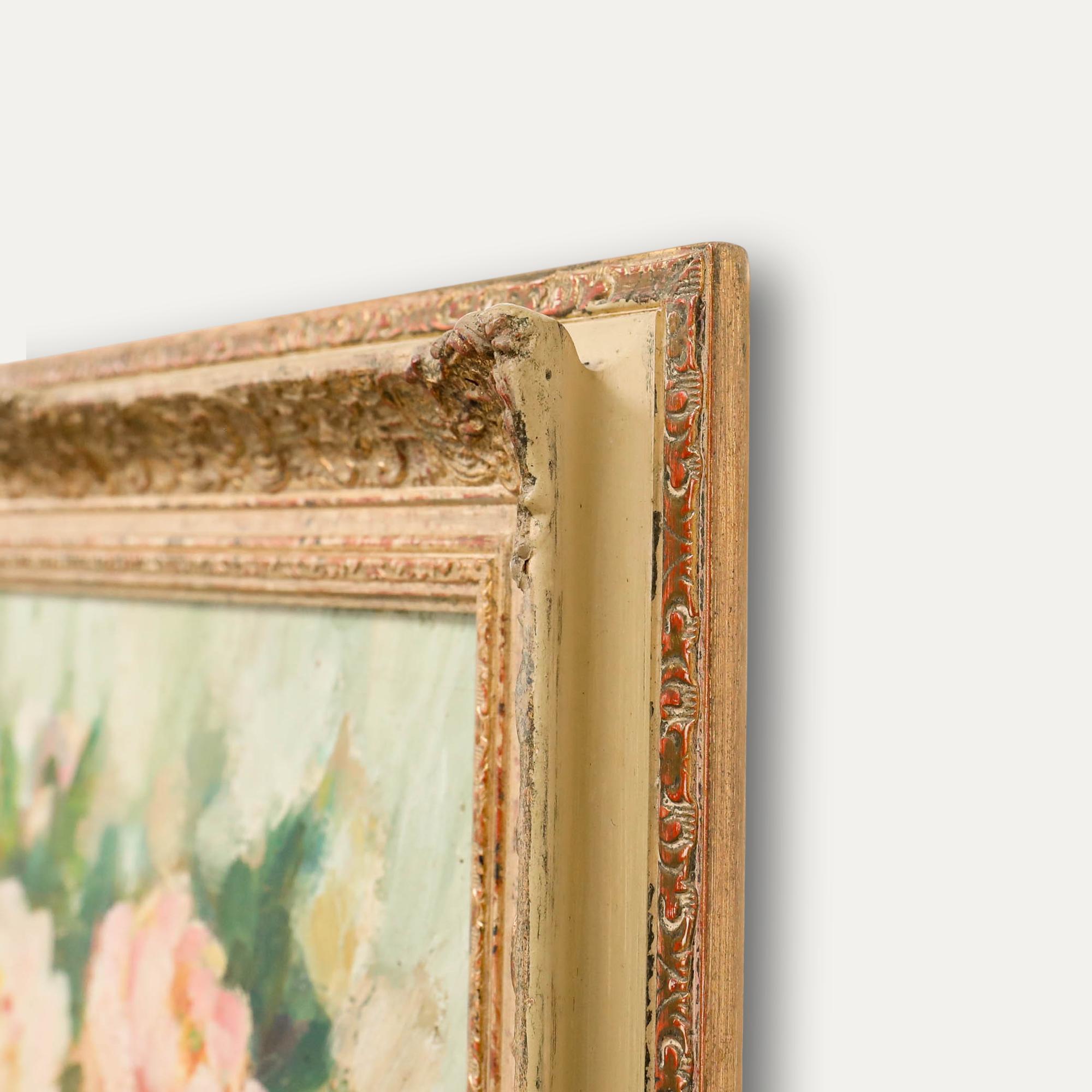 Blumenstillleben, Öl auf Karton. Signiert unten rechts. Gut präsentiert in einem dekorativen Gold-Effekt-Rahmen mit einem beschrifteten Künstler Label befestigt verso.